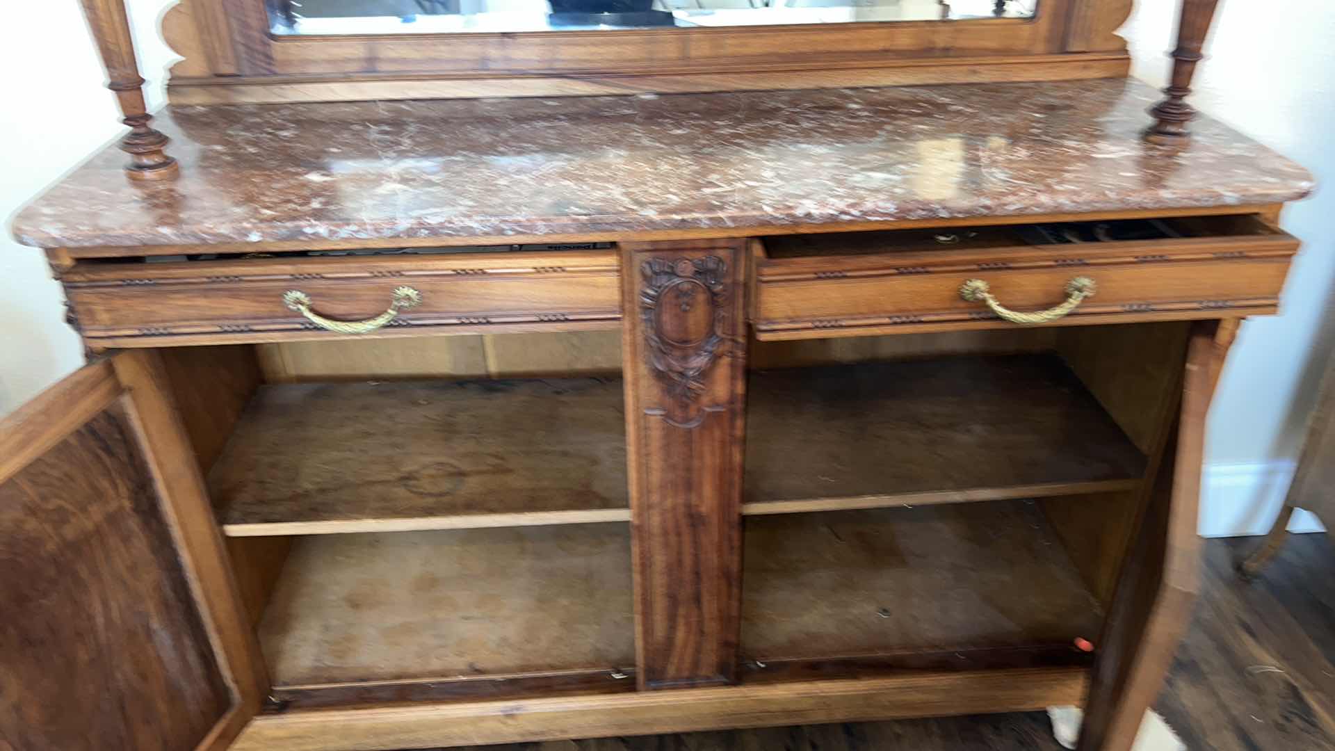 Photo 14 of ANTIQUE WALNUT HUTCH BUFFET W MARBLE TOP AND MIRROR BACK 80” x 20” H80”