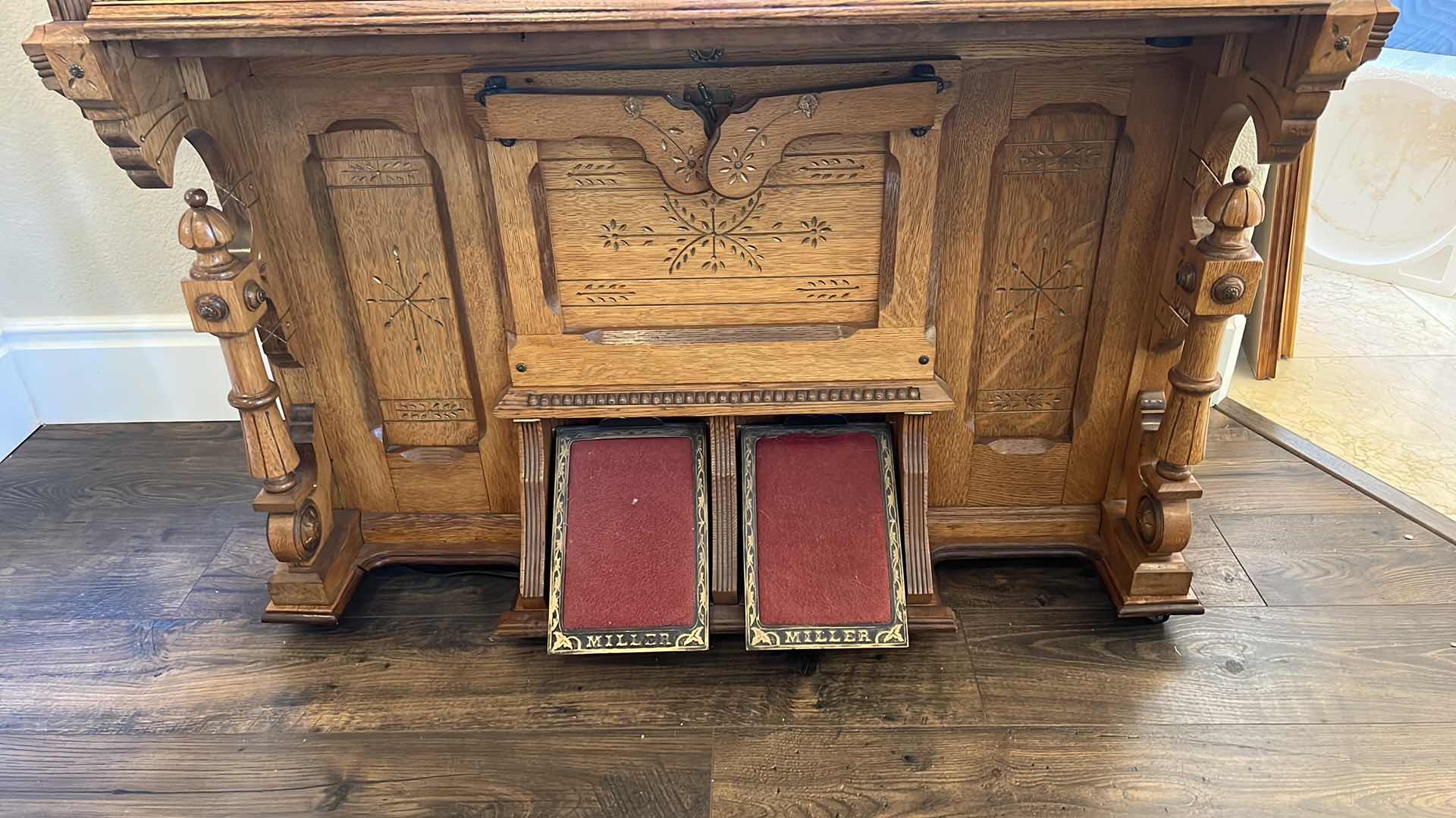 Photo 6 of ANTIQUE OAK PUMP ORGAN W GOLD CHERUB LIGHTS REPURPOSED TO DESK 44” x 24 H48”