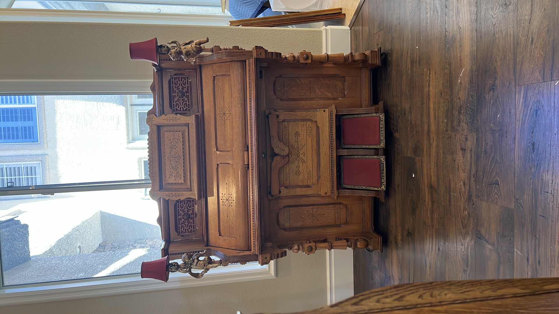 Photo 7 of ANTIQUE OAK PUMP ORGAN W GOLD CHERUB LIGHTS REPURPOSED TO DESK 44” x 24 H48”