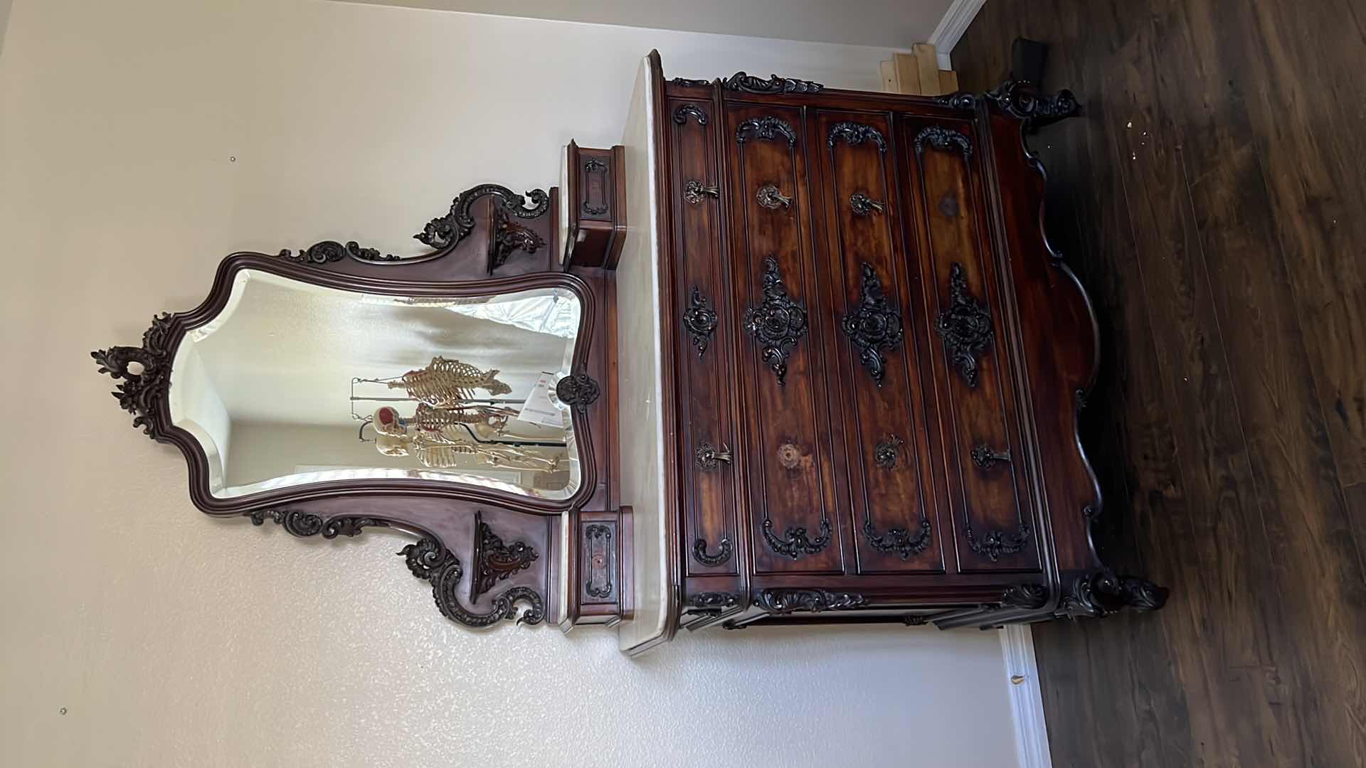 Photo 2 of ANTIQUE WALNUT VICTORIAN EASTLAKE DRESSER W MIRROR AND MARBLE TOP  51” x 24” H80” 