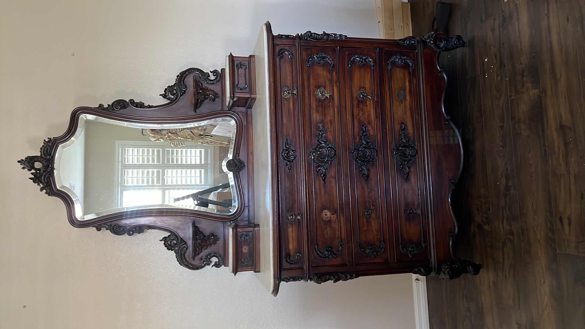 Photo 1 of ANTIQUE WALNUT VICTORIAN EASTLAKE DRESSER W MIRROR AND MARBLE TOP  51” x 24” H80” 