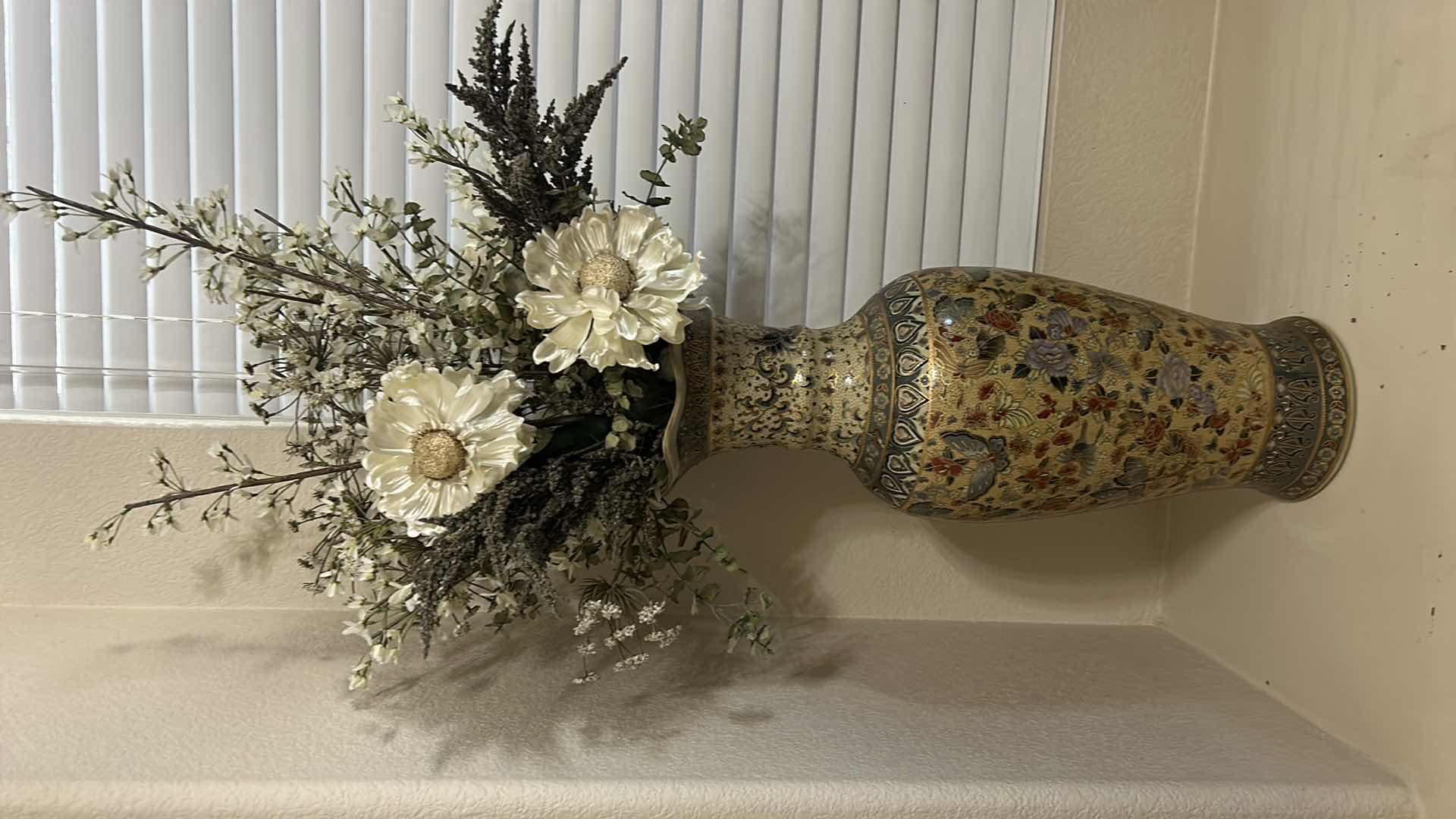 Photo 1 of METAL AND ENAMELED ASIAN VASE WITH FAUX FLOWERS 44”
