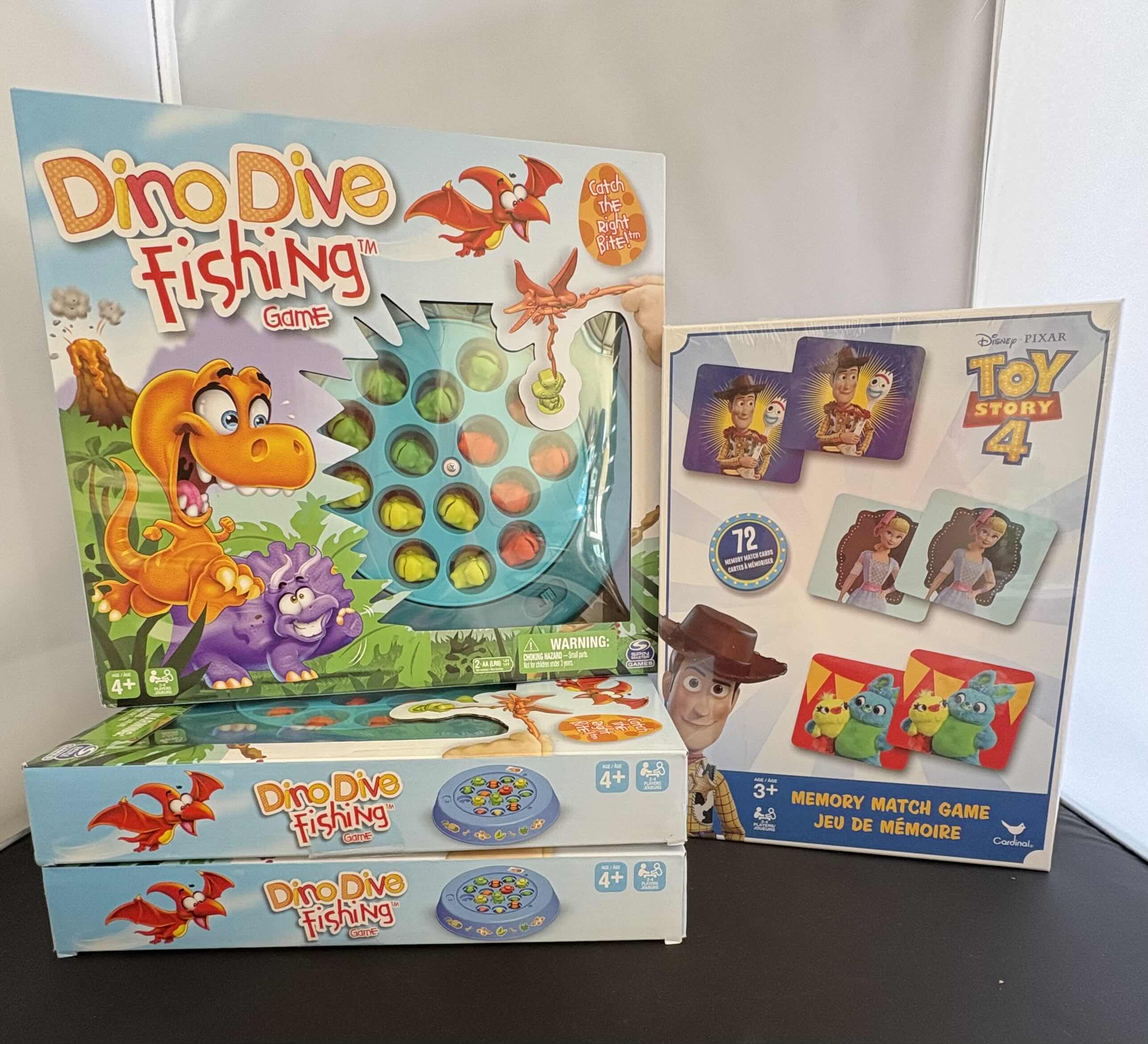 Photo 1 of 4 - BRAND NEW - DISNEY PIXAR TOY STORY 4 MEMORY MATCH GAME AND 3 SPIN MASTER DINO DIVE FISHING GAME