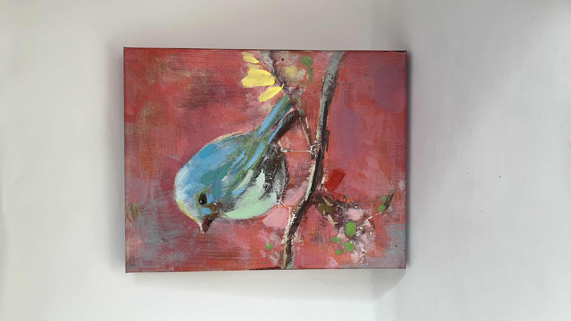 Photo 1 of ARTWORK WALL DECOR. ACRYLIC PAINT ON STRETCHED CANVAS. “FINCH ON A BRANCH.” 11” X 14.2” H $20