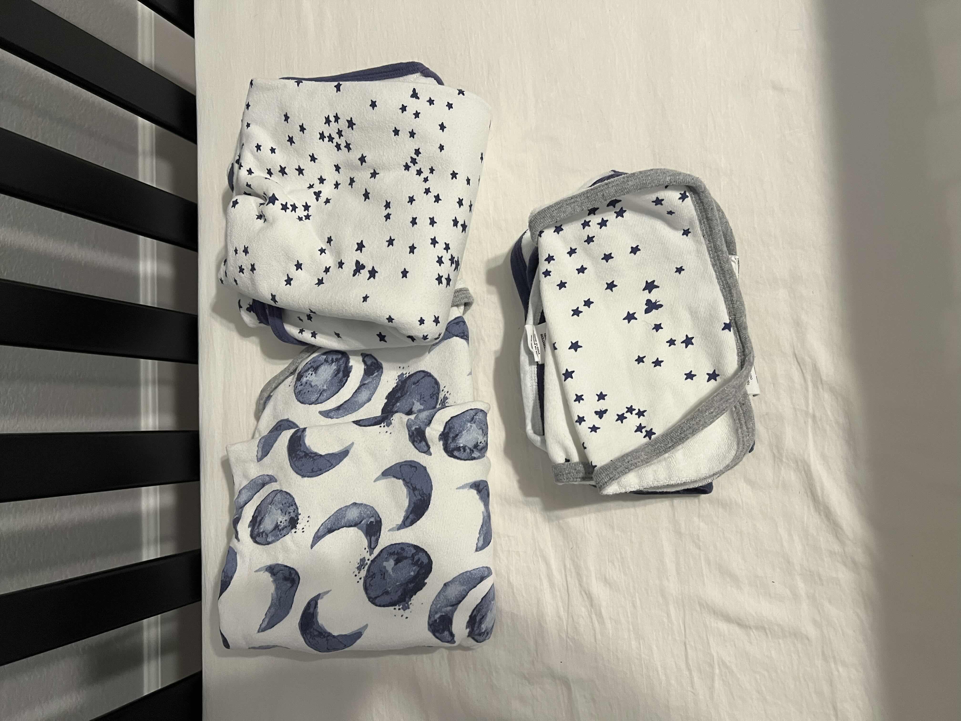 Photo 1 of BABY BATH TOWELS AND WASHCLOTHS. 9 PIECE SET. STARS AND MOONS. DARK BLUE AND WHITE.