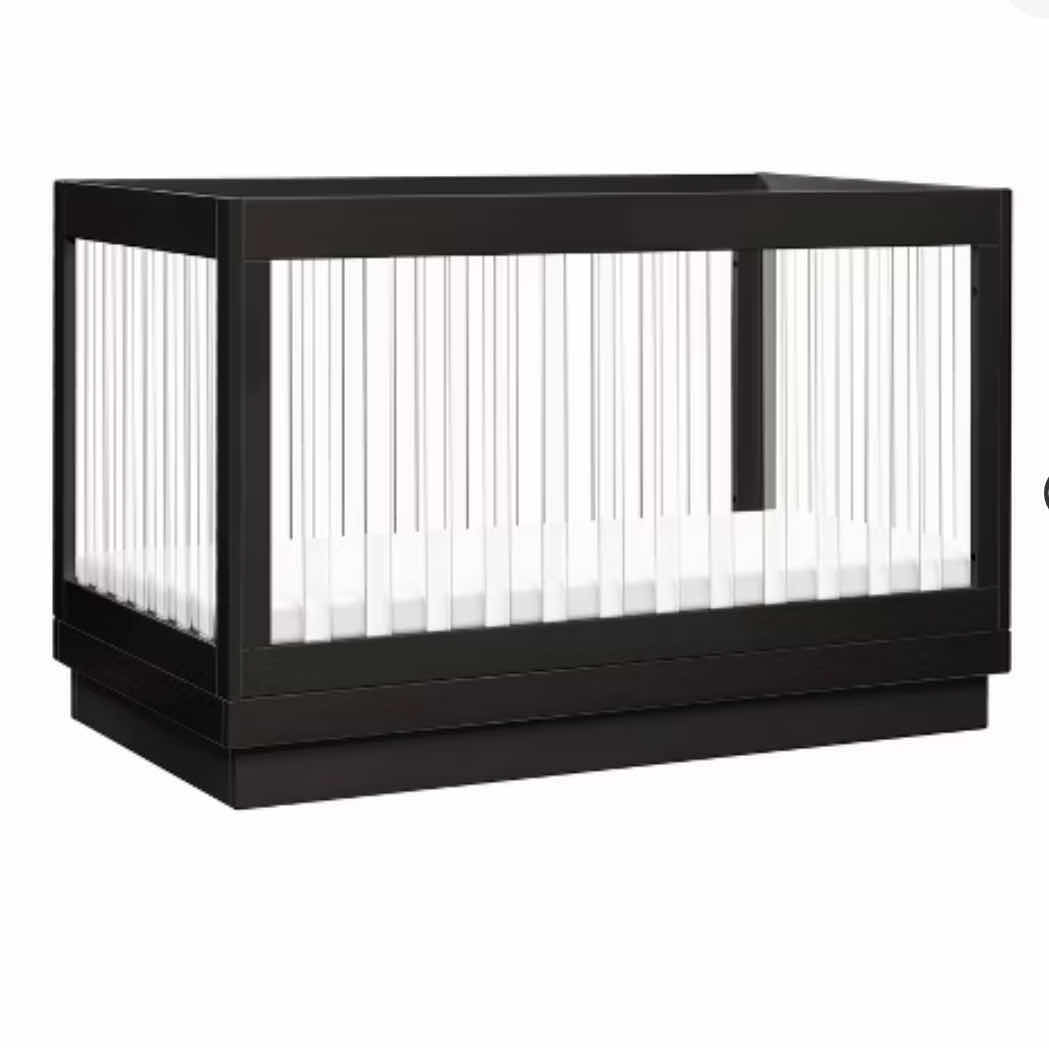 Photo 1 of BRAND NEW BABYLETTO HARLOW CONVERTIBLE CRIB.  BLACK AND CLEAR ACRYLIC. TURNS INTO TODDLER BED.  