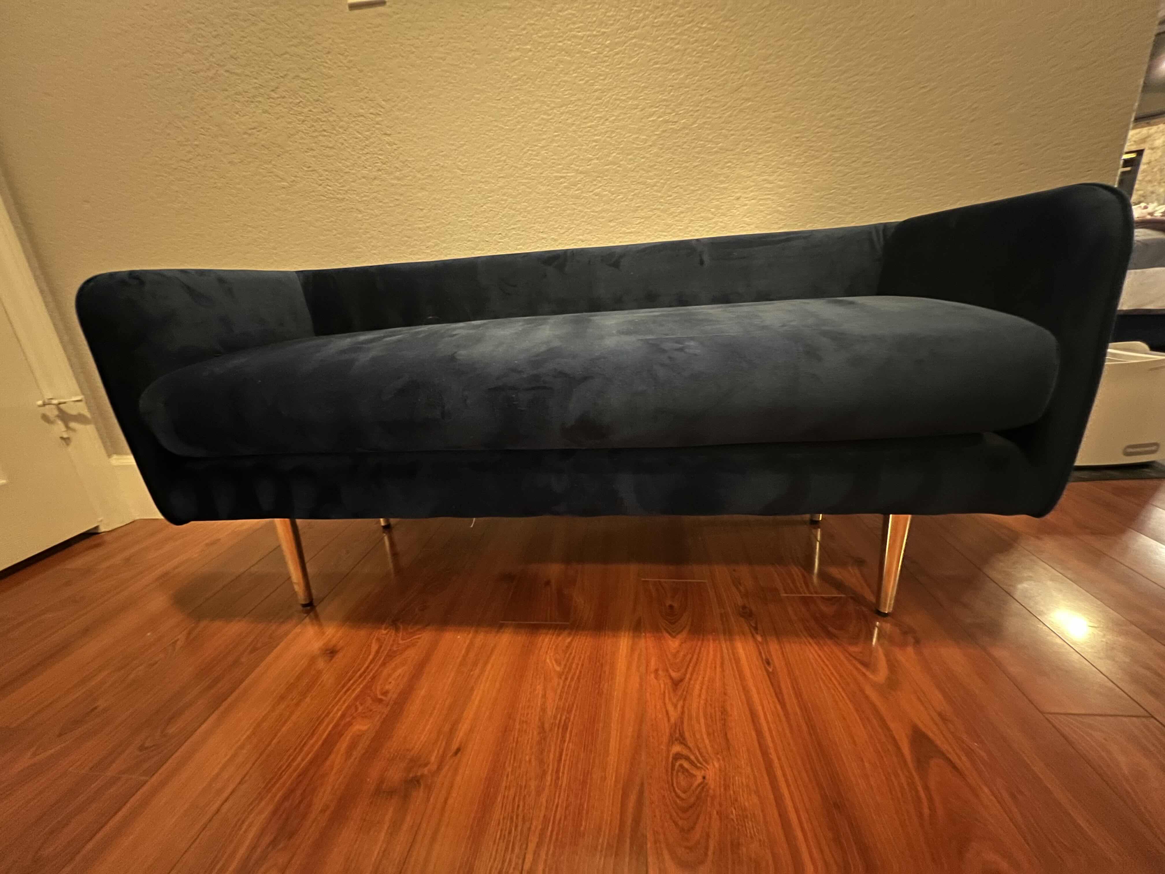 Photo 1 of BLUE VELVET CARBATCM LOW BACK BENCH WITH GOLD ACCENT LEGS. 4’ X 2’ 
