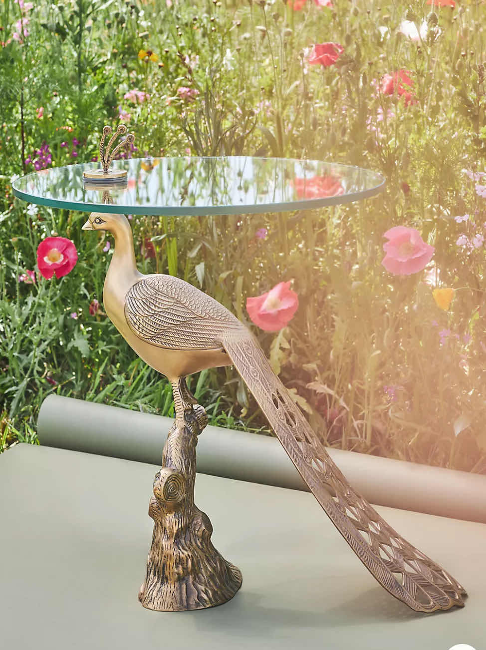 Photo 1 of ANTHROPOLOGY "PAVO" SIDE TABLE. BRASS PEACOCK DECORATIVE GLASS END TABLE. 24" H 