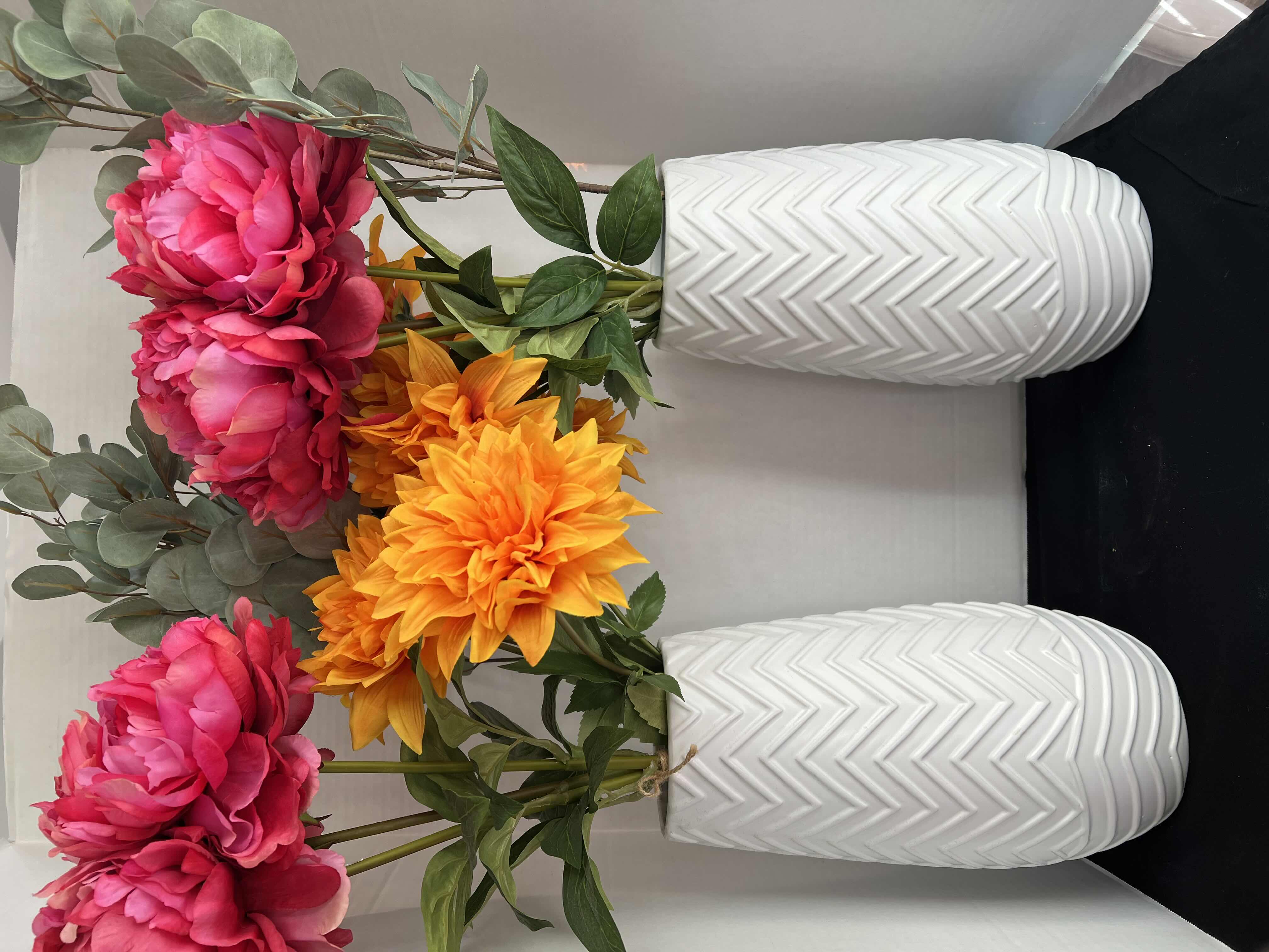 Photo 1 of 2-WHITE DECORATIVE CHEVRON TEXTURED VASE WITH FAUX FLOWERS. SET OF 2.