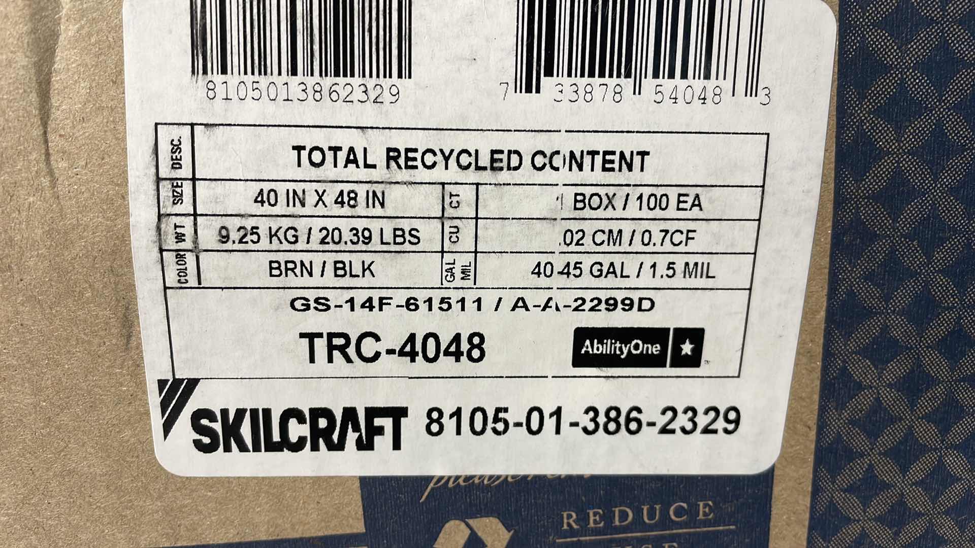 Photo 2 of SKILCRAFT TRASH BAGS EXTRA HEAVY DUTY TOTAL RECYCLED CONTENT BAG, 48" LENGTH X 40" WIDTH, BROWN/BLACK (CASE OF 100) 45 GAL 1.5 MIL