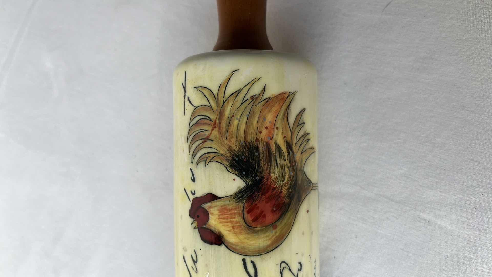 Photo 4 of COUNTER ART CERAMIC GLASS FINISH ROOSTER CHICKENS ROLLING PIN W WOOD HANDLES, 18”