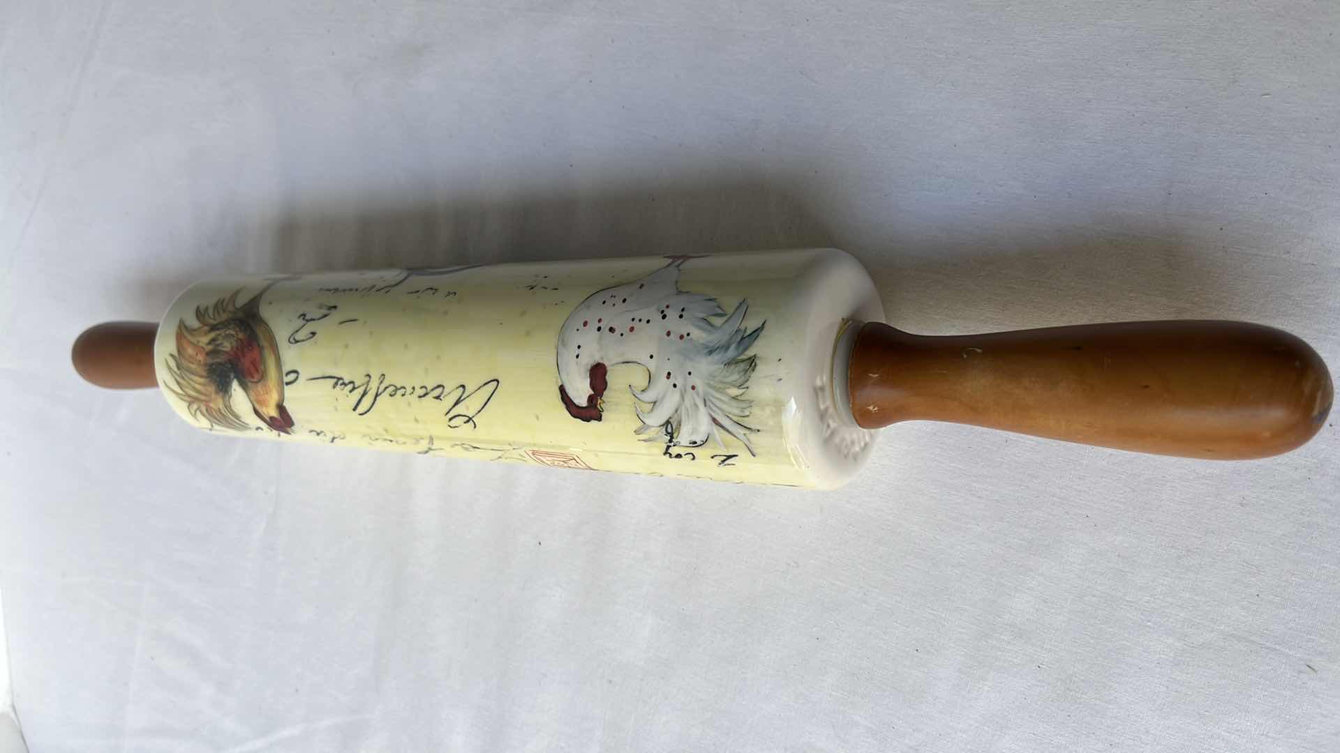 Photo 2 of COUNTER ART CERAMIC GLASS FINISH ROOSTER CHICKENS ROLLING PIN W WOOD HANDLES, 18”