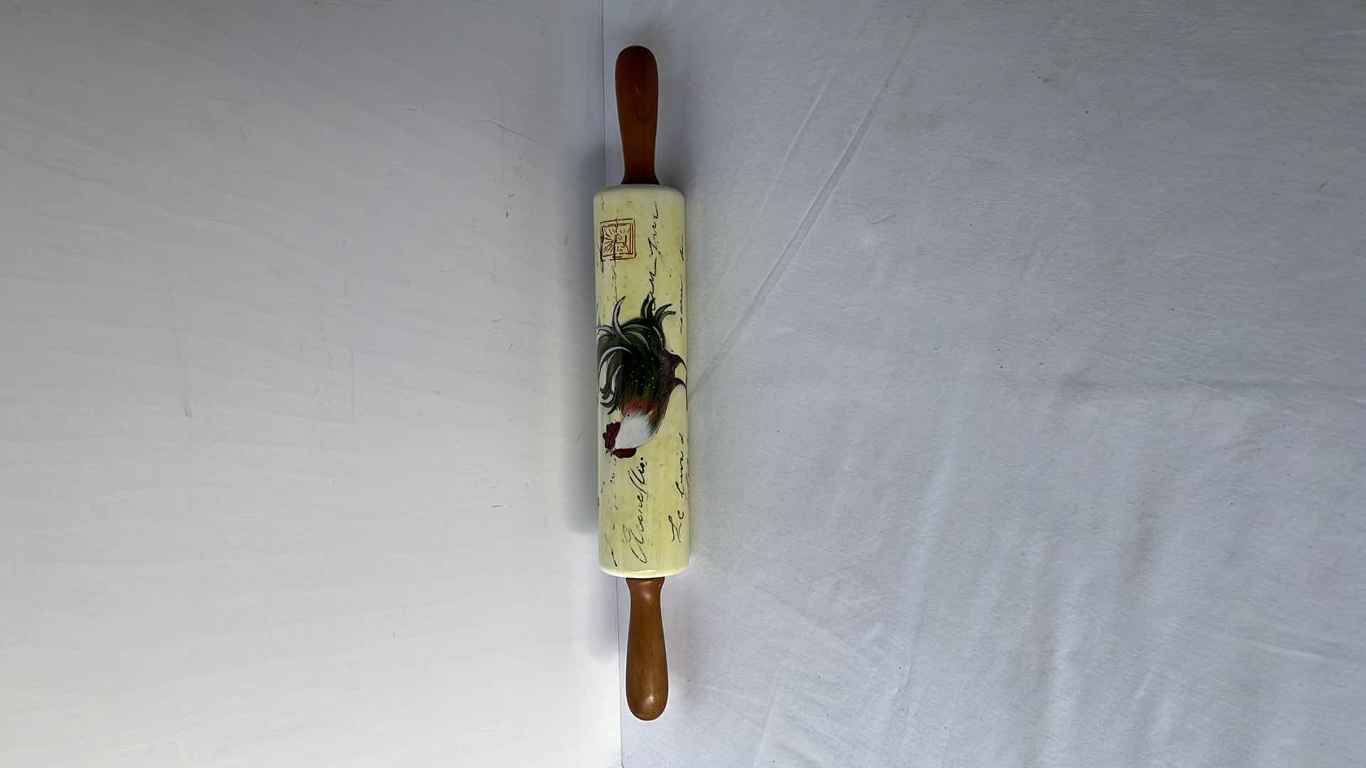 Photo 1 of COUNTER ART CERAMIC GLASS FINISH ROOSTER CHICKENS ROLLING PIN W WOOD HANDLES, 18”