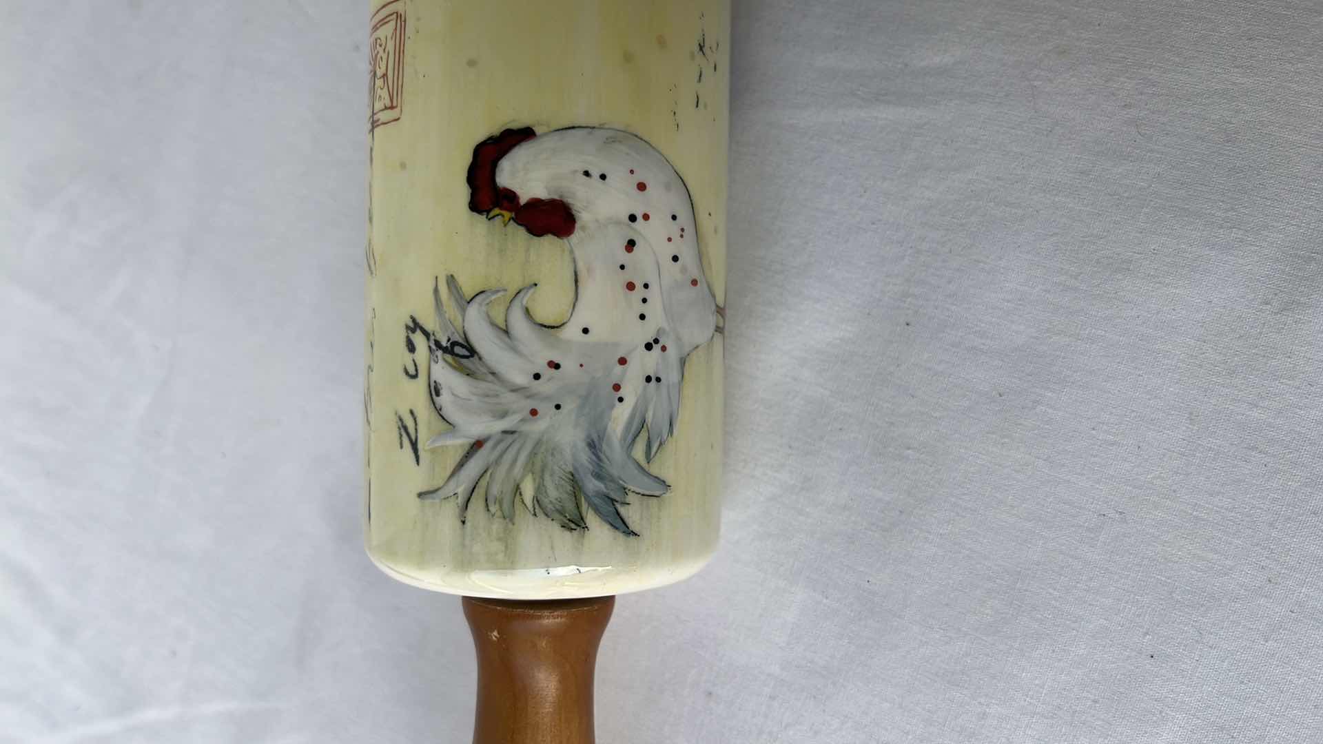 Photo 3 of COUNTER ART CERAMIC GLASS FINISH ROOSTER CHICKENS ROLLING PIN W WOOD HANDLES, 18”