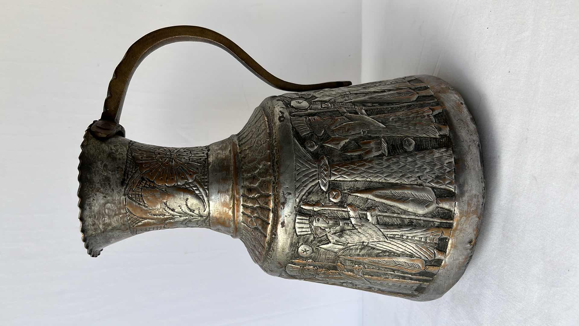 Photo 2 of EARLY CENTURY STYLE MIDDLE EASTERN DIE-CAST METAL JUG 13”H