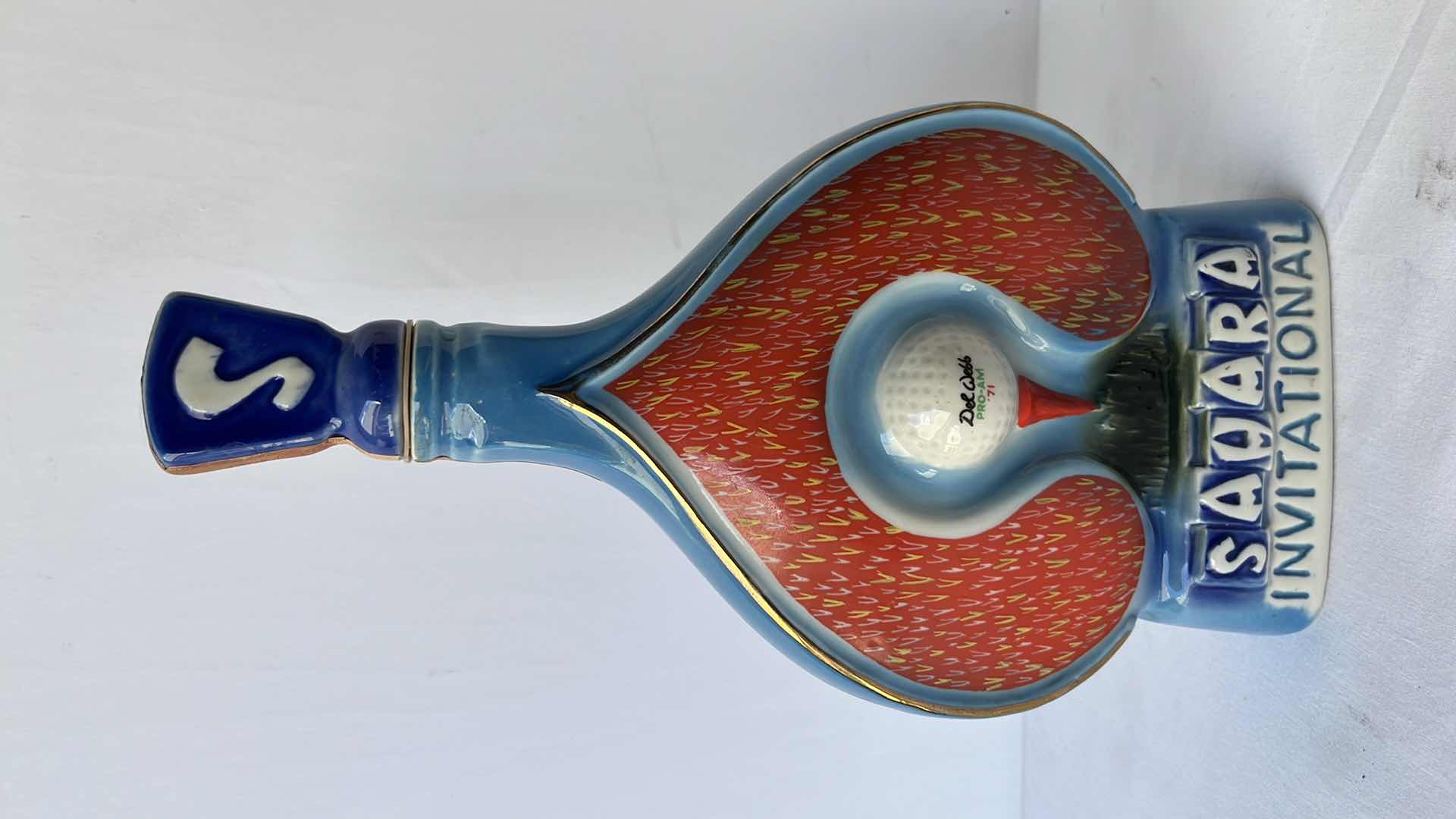 Photo 1 of DEL WEBB GOLF PRO-AM LAS VEGAS SAHARA INVITATIONAL 1971 JIM BEAM BOURBON CERAMIC WHISKEY BOTTLE 6.75” X 12.25”