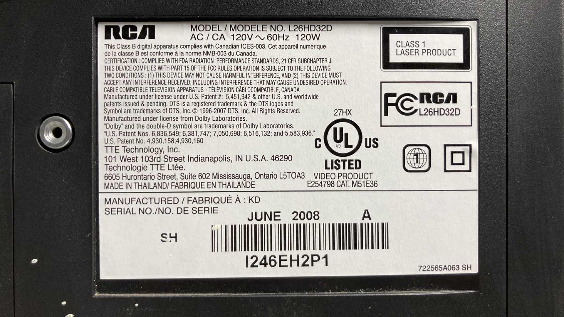 Photo 4 of RCA BUILT IN DVD PLAYER 26” HDTV MODEL L26HD32D
