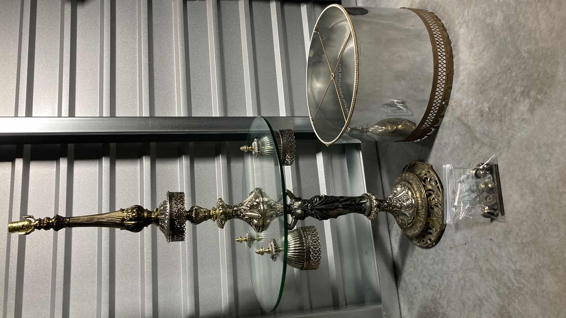 Photo 1 of LOEVSKY & LOEVSKY METAL CASTING L & L WMC 1968 ORNATE BRASS, GOLD, SILVER FINISH TALL GLASS TABLE LAMP 24” X 50”
