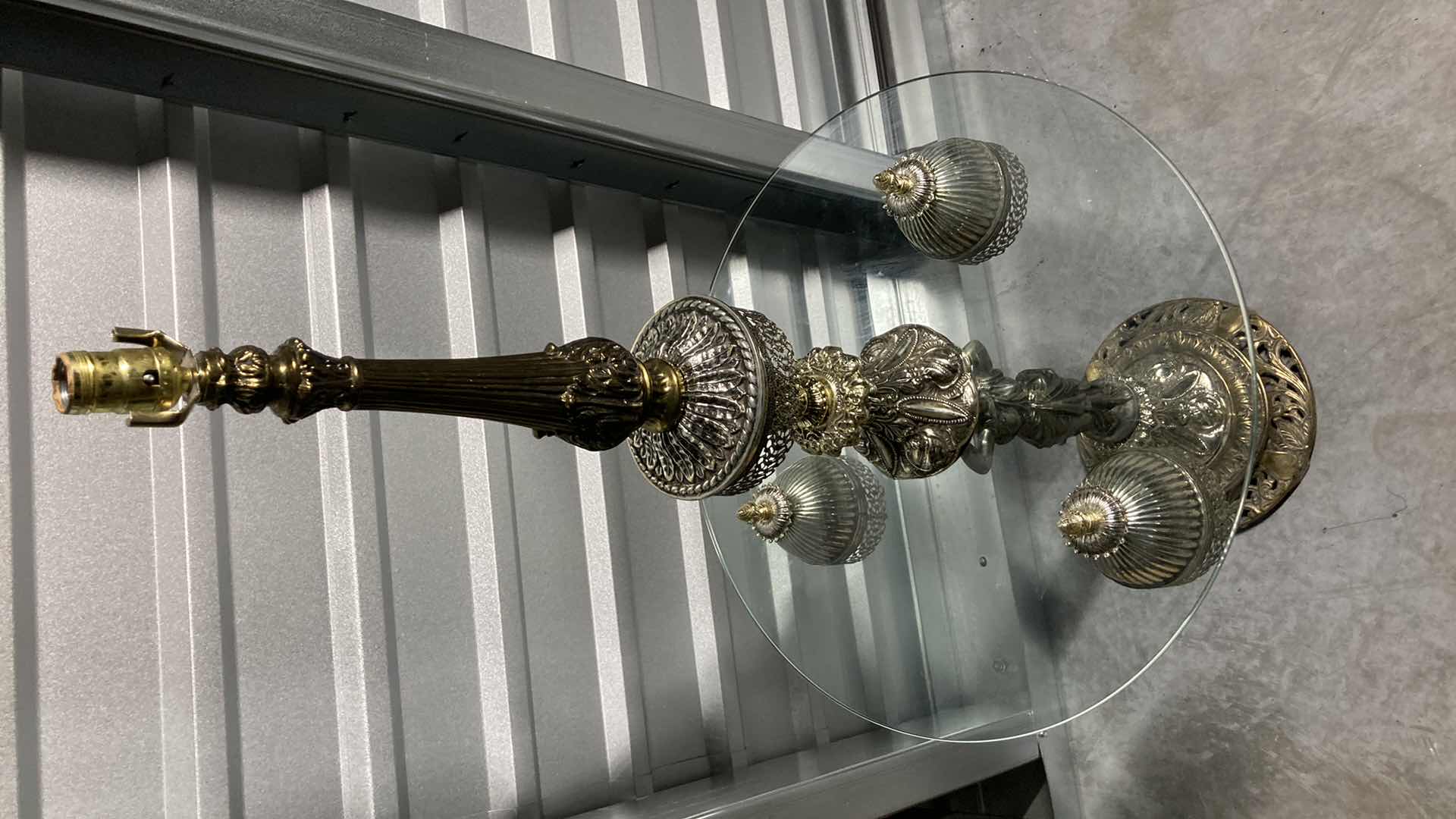Photo 5 of LOEVSKY & LOEVSKY METAL CASTING L & L WMC 1968 ORNATE BRASS, GOLD, SILVER FINISH TALL GLASS TABLE LAMP 24” X 50”