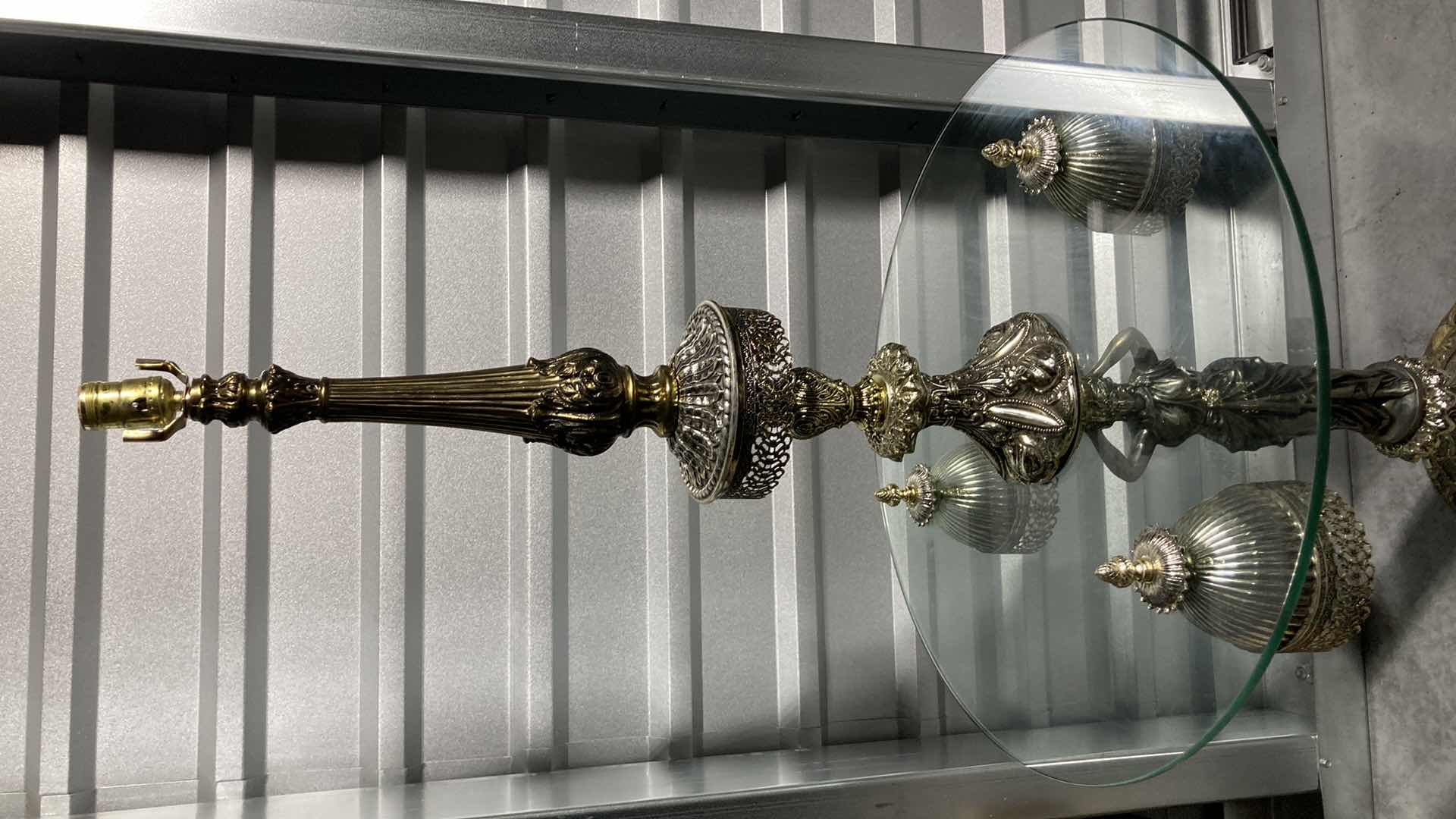 Photo 4 of LOEVSKY & LOEVSKY METAL CASTING L & L WMC 1968 ORNATE BRASS, GOLD, SILVER FINISH TALL GLASS TABLE LAMP 24” X 50”