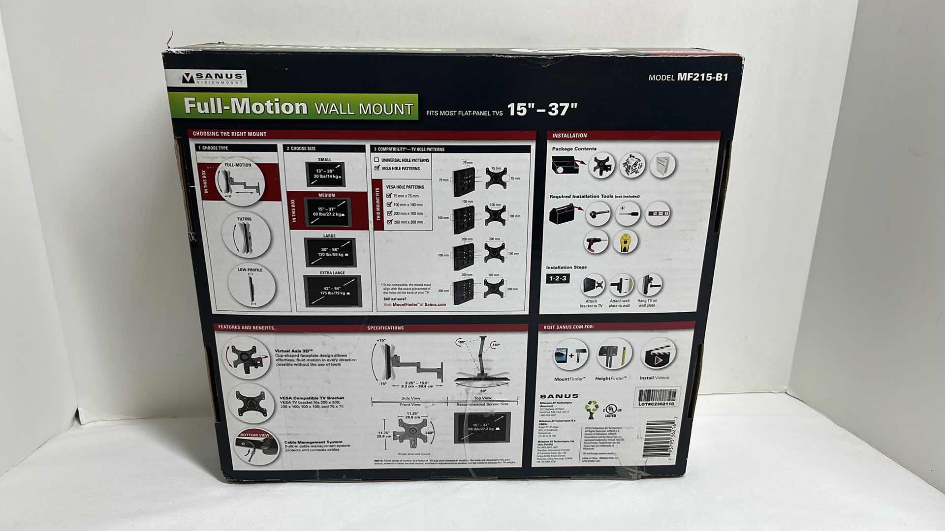 Photo 2 of NEW SANUS VISIONMOUNT FULL MOTION WALL MOUNT, FITS MOST FLAT-PANEL TVS 15”-37” MODEL MF215-B1