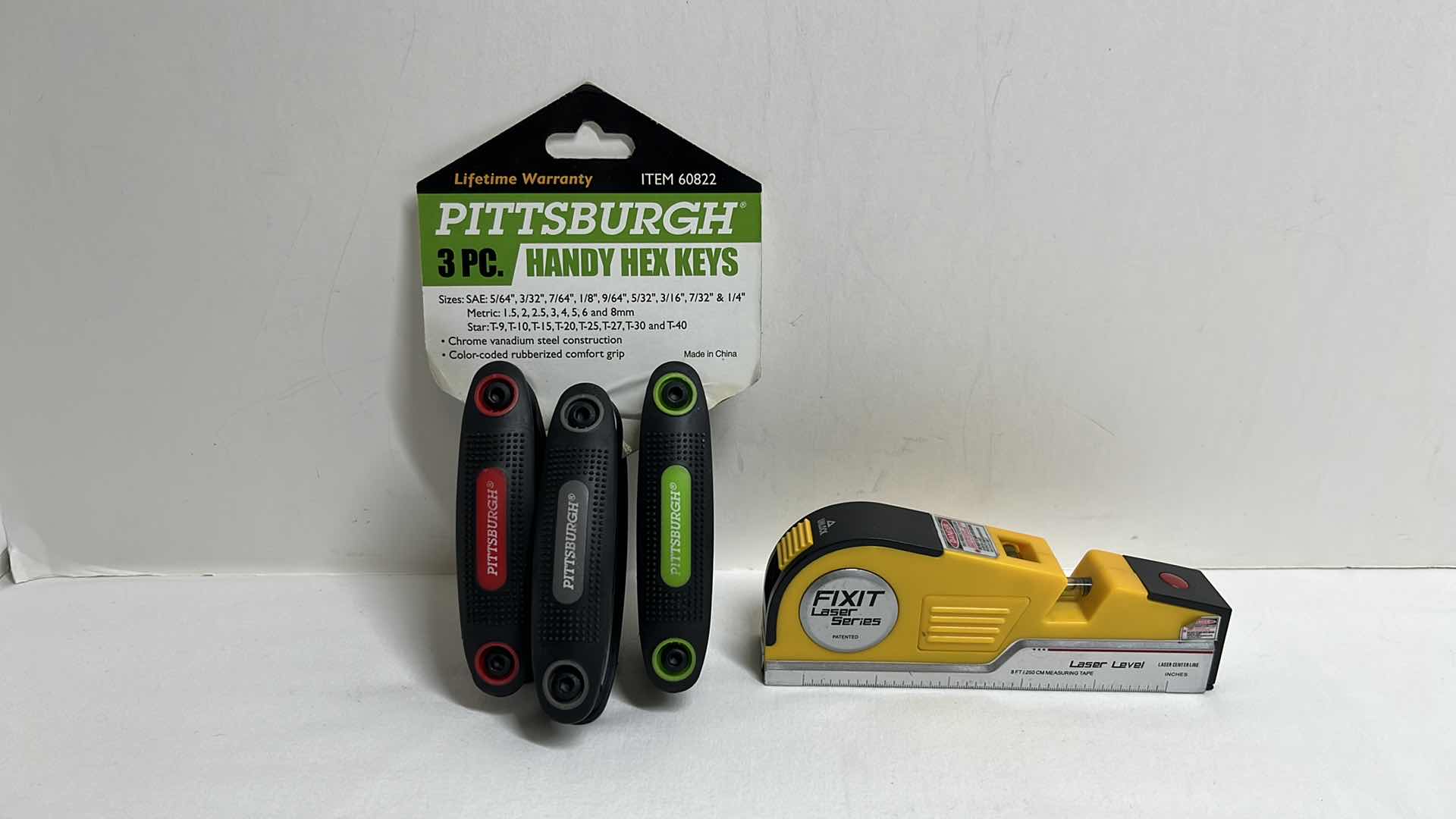 Photo 1 of PITTSBURGH 3 PC HANDY HEX KEYS ITEM 60822 & FIX IT LASER SERIES LASER LEVEL 8 FT MEASURING TAPE