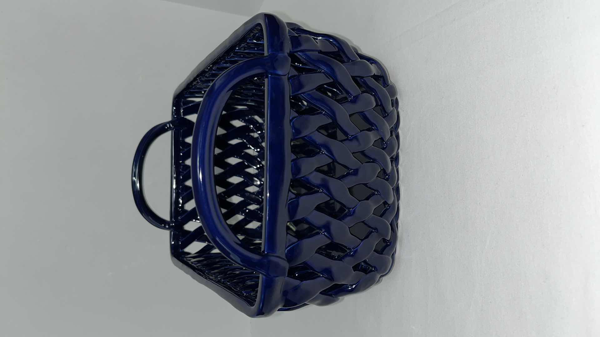 Photo 2 of COBALT BLUE CERAMIC WOVEN BASKET 8.75” X 12.75” H7.5”