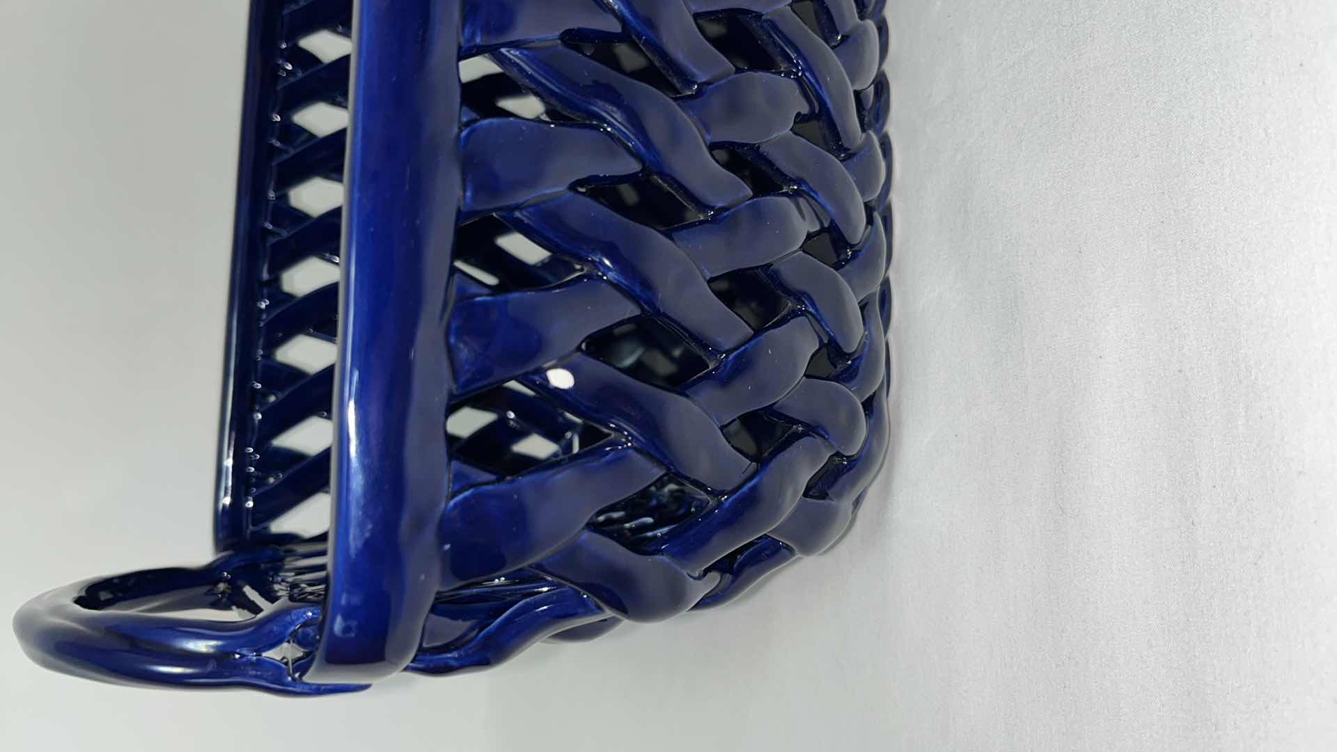 Photo 5 of COBALT BLUE CERAMIC WOVEN BASKET 8.75” X 12.75” H7.5”