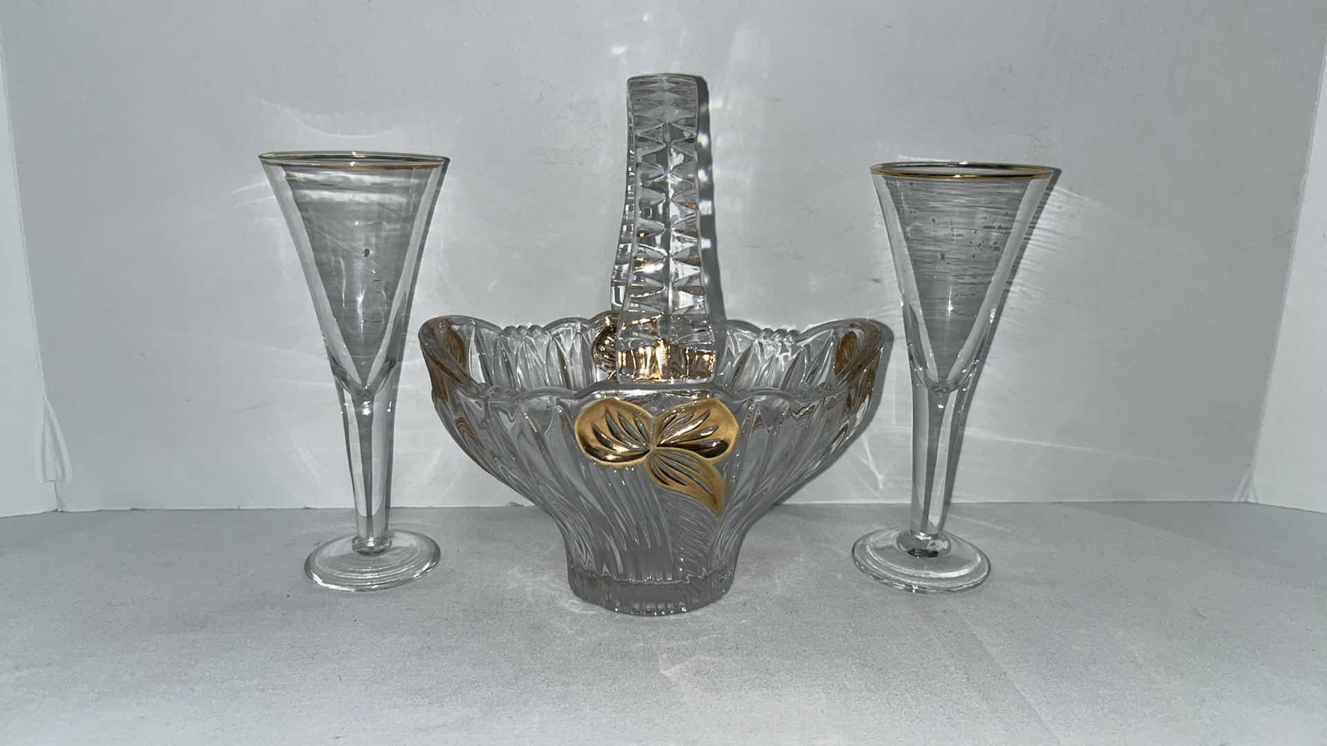 Photo 2 of CLEAR CRYSTAL BASKET CANDY DISH W GOLD ACCENTS & PAIR OF CRYSTAL CORDIAL 6” GLASSES W GOLD TRIM