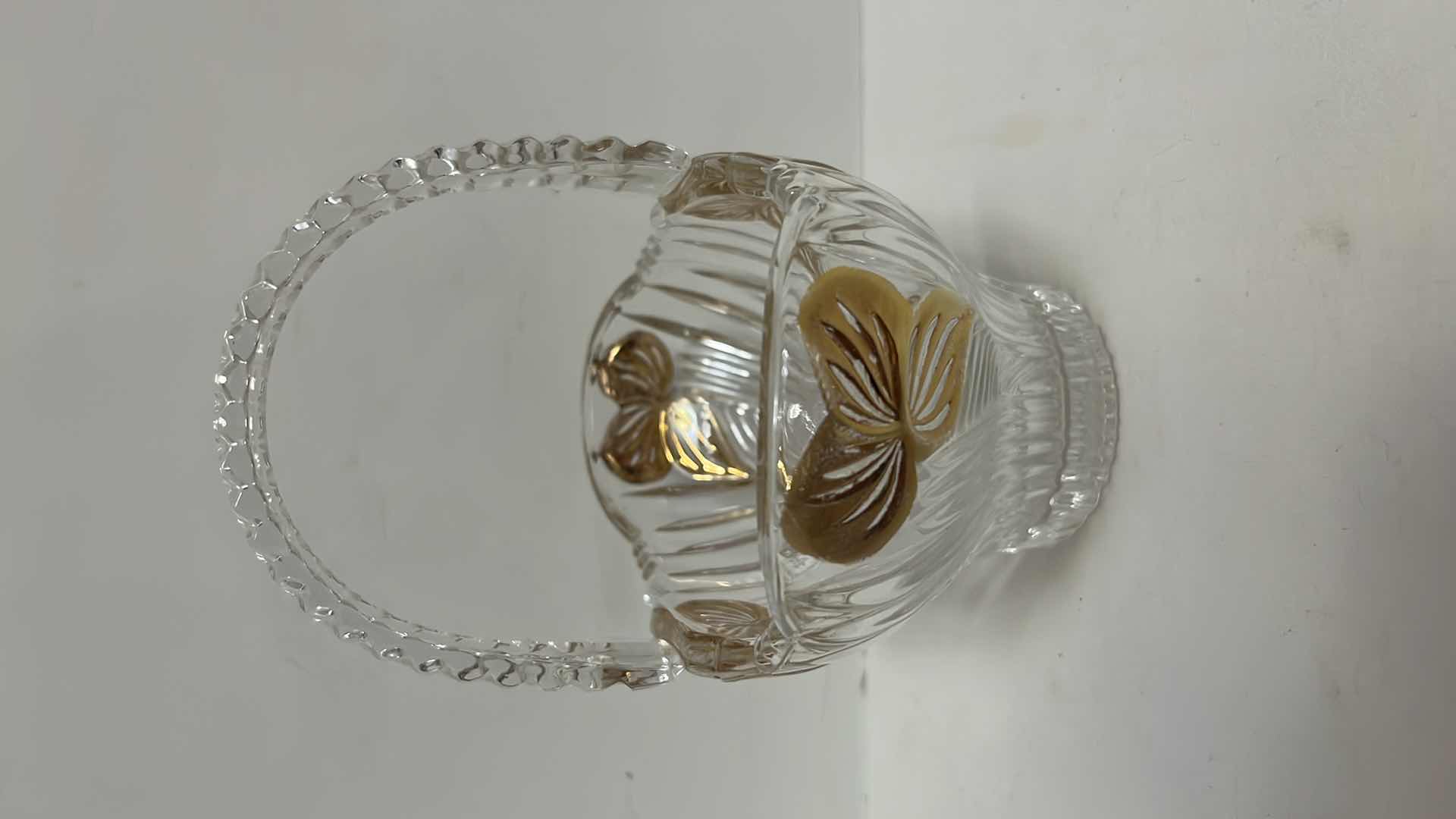 Photo 8 of CLEAR CRYSTAL BASKET CANDY DISH W GOLD ACCENTS & PAIR OF CRYSTAL CORDIAL 6” GLASSES W GOLD TRIM