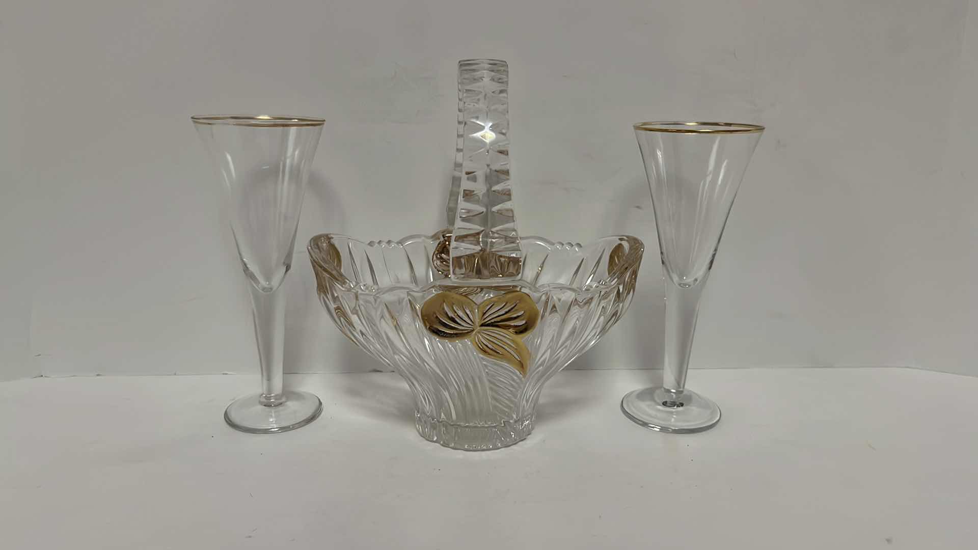 Photo 1 of CLEAR CRYSTAL BASKET CANDY DISH W GOLD ACCENTS & PAIR OF CRYSTAL CORDIAL 6” GLASSES W GOLD TRIM