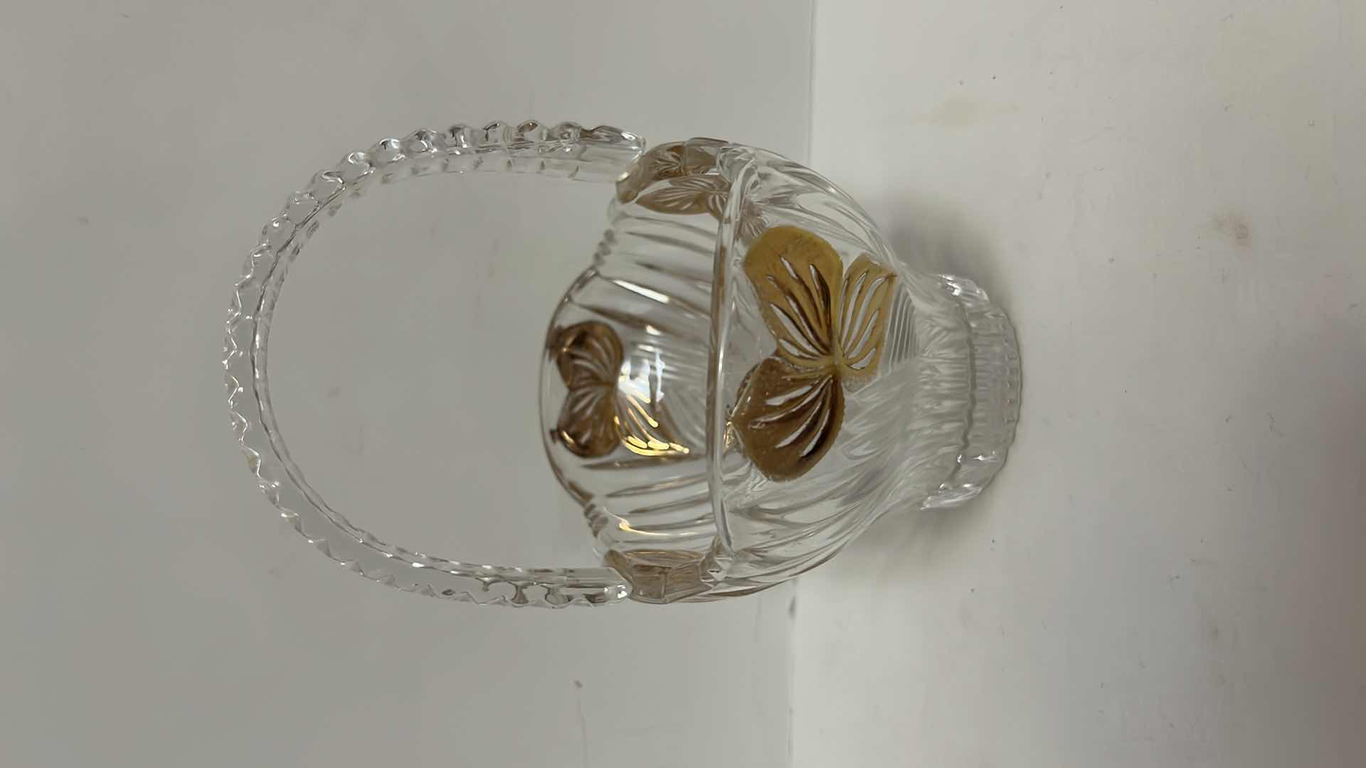Photo 6 of CLEAR CRYSTAL BASKET CANDY DISH W GOLD ACCENTS & PAIR OF CRYSTAL CORDIAL 6” GLASSES W GOLD TRIM