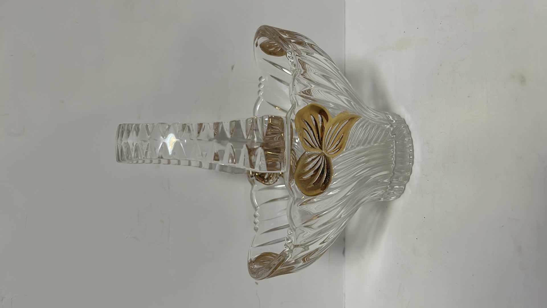Photo 5 of CLEAR CRYSTAL BASKET CANDY DISH W GOLD ACCENTS & PAIR OF CRYSTAL CORDIAL 6” GLASSES W GOLD TRIM