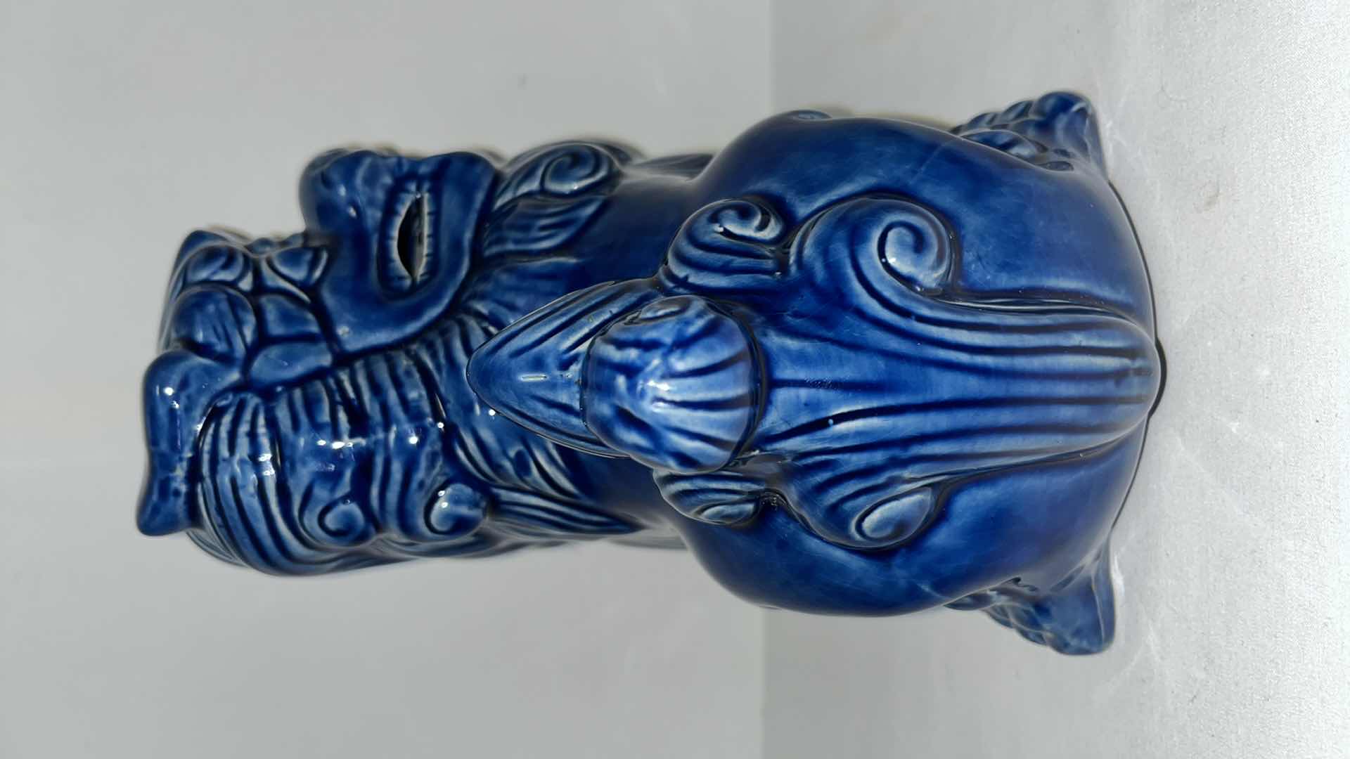 Photo 4 of CORNFLOWER DENIM BLUE FOO DOG CERAMIC DECORATIVE STATUE 8”