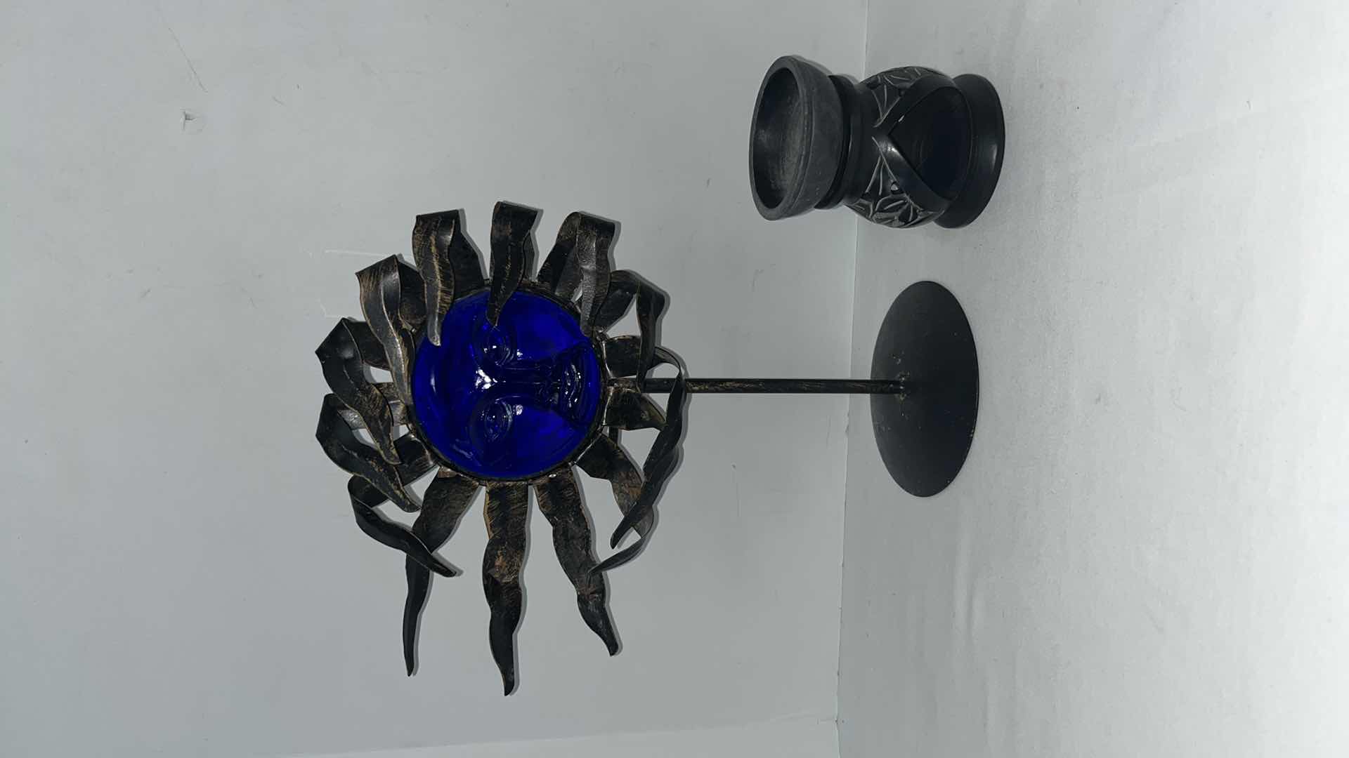 Photo 1 of CELESTIAL COBALT BLUE GLASS SUN FACE METAL CANDLE HOLDER 12.5” & TEALIGHT WAX WARMER