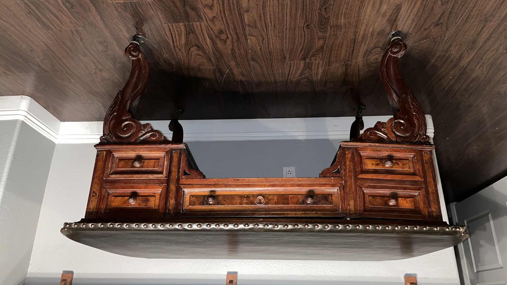 Photo 3 of 19TH CENTURY STYLE  PARTNERS WRITING DESK W 10 DRAWERS & BROWN LEATHER STYLE TOP W BRONZE UPHOLSTERY TACKS 32” W X 52” L 30.75”