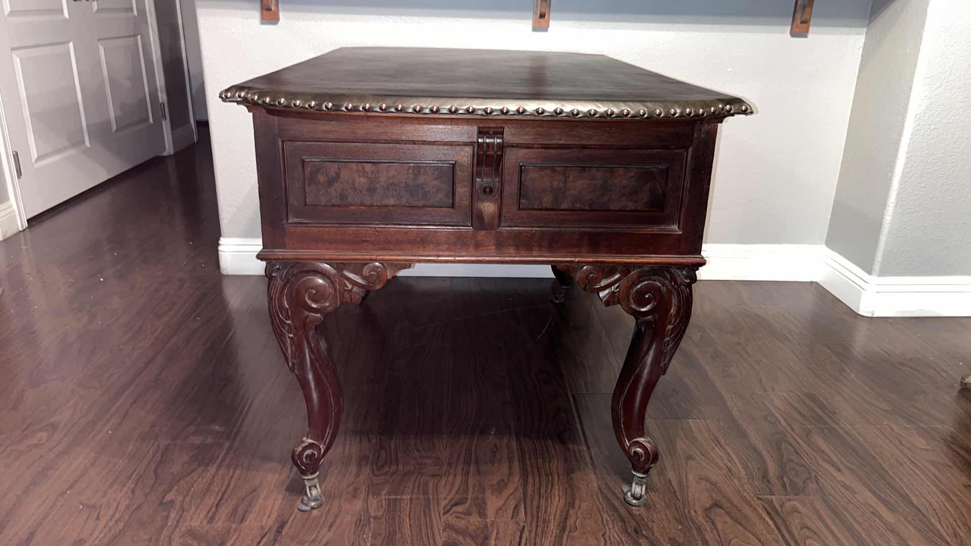 Photo 2 of 19TH CENTURY STYLE  PARTNERS WRITING DESK W 10 DRAWERS & BROWN LEATHER STYLE TOP W BRONZE UPHOLSTERY TACKS 32” W X 52” L 30.75”