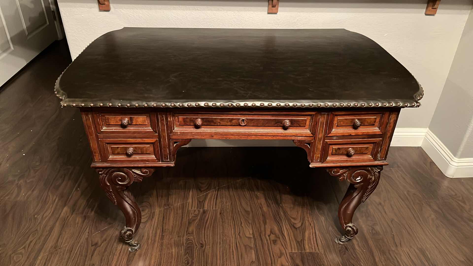 Photo 1 of 19TH CENTURY STYLE  PARTNERS WRITING DESK W 10 DRAWERS & BROWN LEATHER STYLE TOP W BRONZE UPHOLSTERY TACKS 32” W X 52” L 30.75”