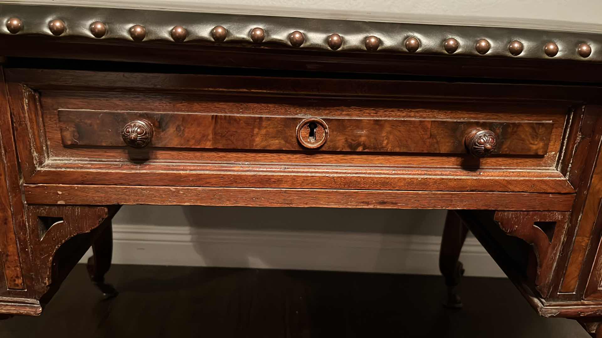 Photo 8 of 19TH CENTURY STYLE  PARTNERS WRITING DESK W 10 DRAWERS & BROWN LEATHER STYLE TOP W BRONZE UPHOLSTERY TACKS 32” W X 52” L 30.75”