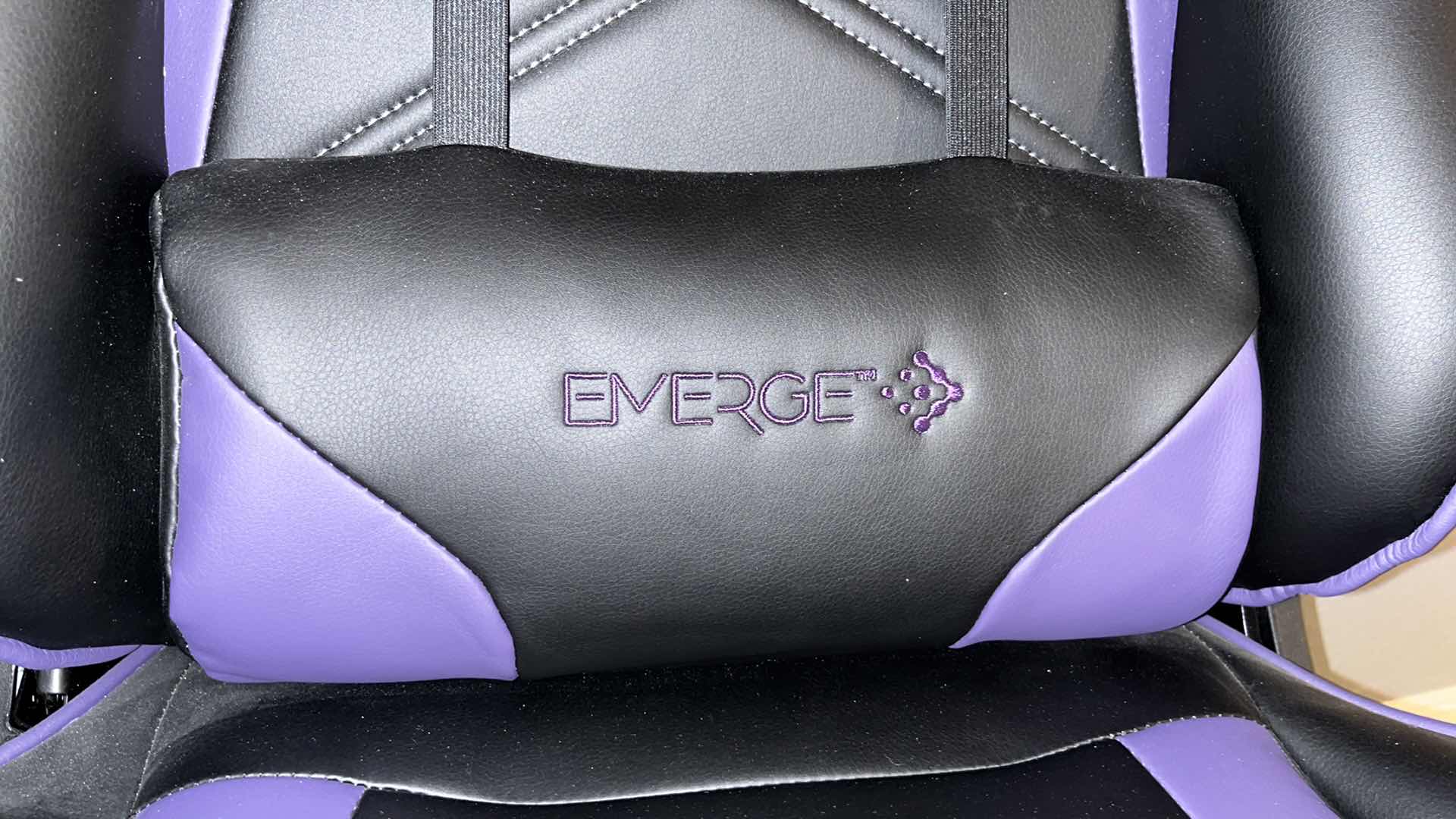 Photo 9 of STAPLES EMERGE VARTAN BONDED LEATHER GAMING CHAIR W ADJUSTABLE HEIGHT, ARMS, TILT TENSION & TILT LOCK, BLACK/GRAY/PURPLE 29" X 27" H50"