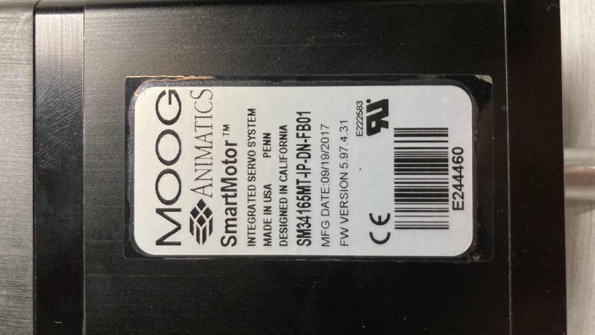 Photo 9 of $5000 MOOG ANIMATICS SMART MOTOR INTEGRATED SERVO SYSTEM MODEL SM34165MT-P-DN-FB01
MFG DATE 09/19/2017
FW VERSION 5.97.4.31