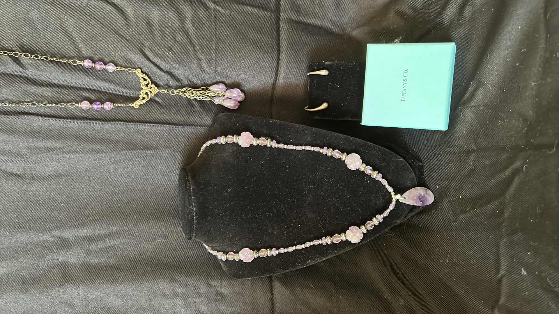 Photo 1 of TWO AMETHYST COLORED NECKLACES AND A PAIR OF TIFFANY & CO TEARDROP EARRINGS