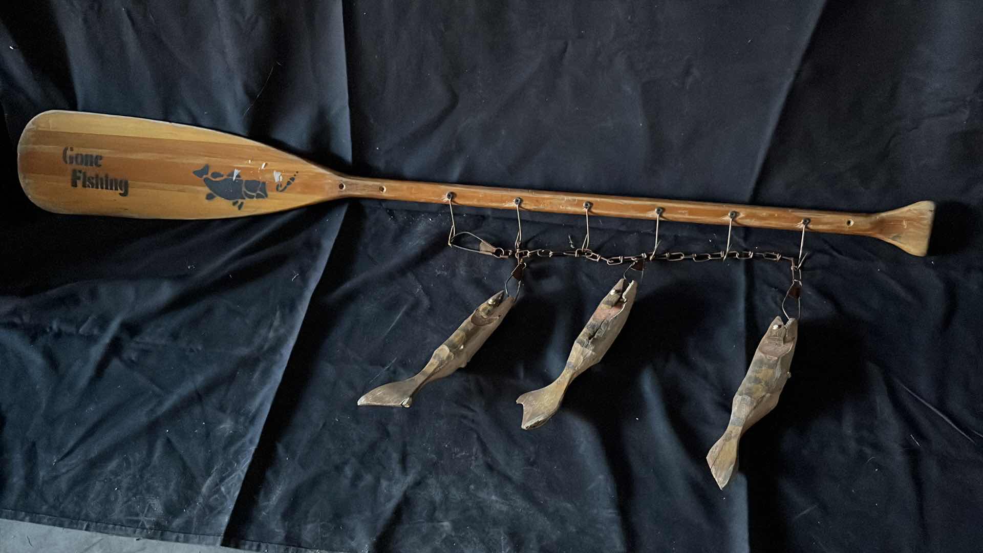 Photo 2 of VINTAGE GONE FISHING WOODEN OAR W HOOKS AND FISH DECOR 53” X 17.5”