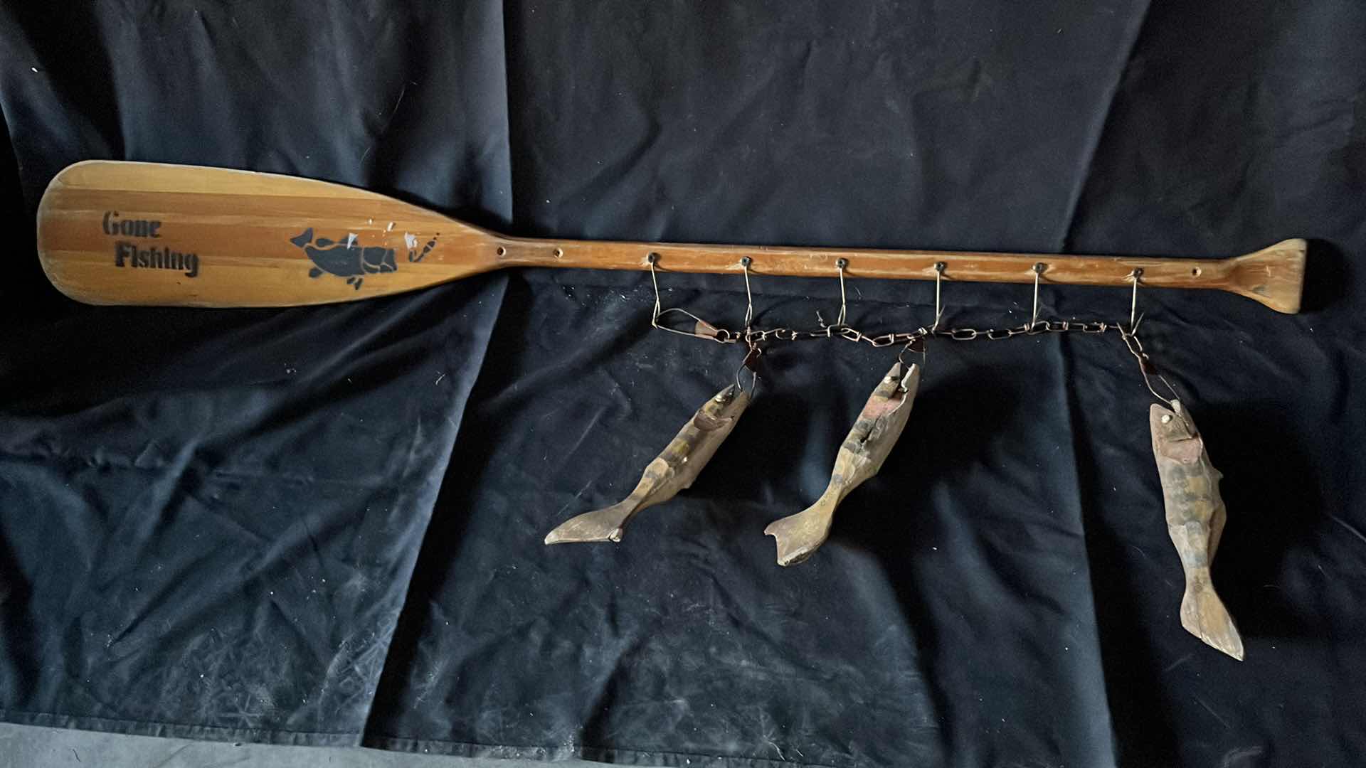 Photo 1 of VINTAGE GONE FISHING WOODEN OAR W HOOKS AND FISH DECOR 53” X 17.5”