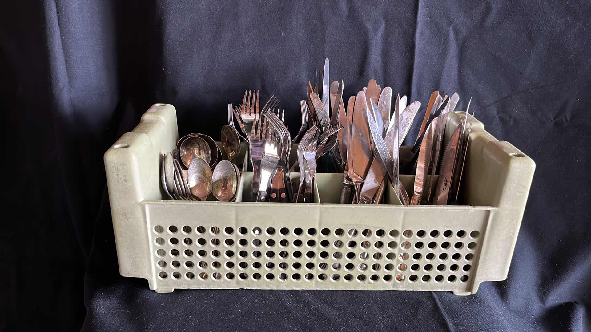 Photo 1 of FLATWARE VARIOUS STYLES SPOONS, FORKS, BUTTER KNIVES, STEAK KNIVES SETS OF 20 EACH W COMMERCIAL HALF SIZE FLATWARE RACK