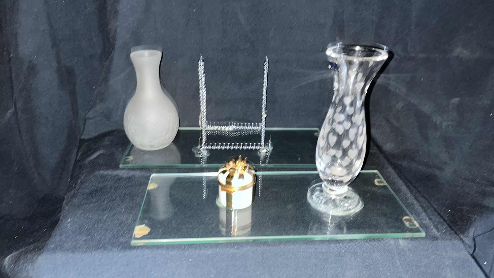 Photo 1 of LENOX TINY TREASURES GIFT BOX, ETCHED GLASS VASE W ATTACHED GLASS AND METAL PICTURE EASEL AND WHITE CRACKLED GLASS VASE 12” X 5.25”