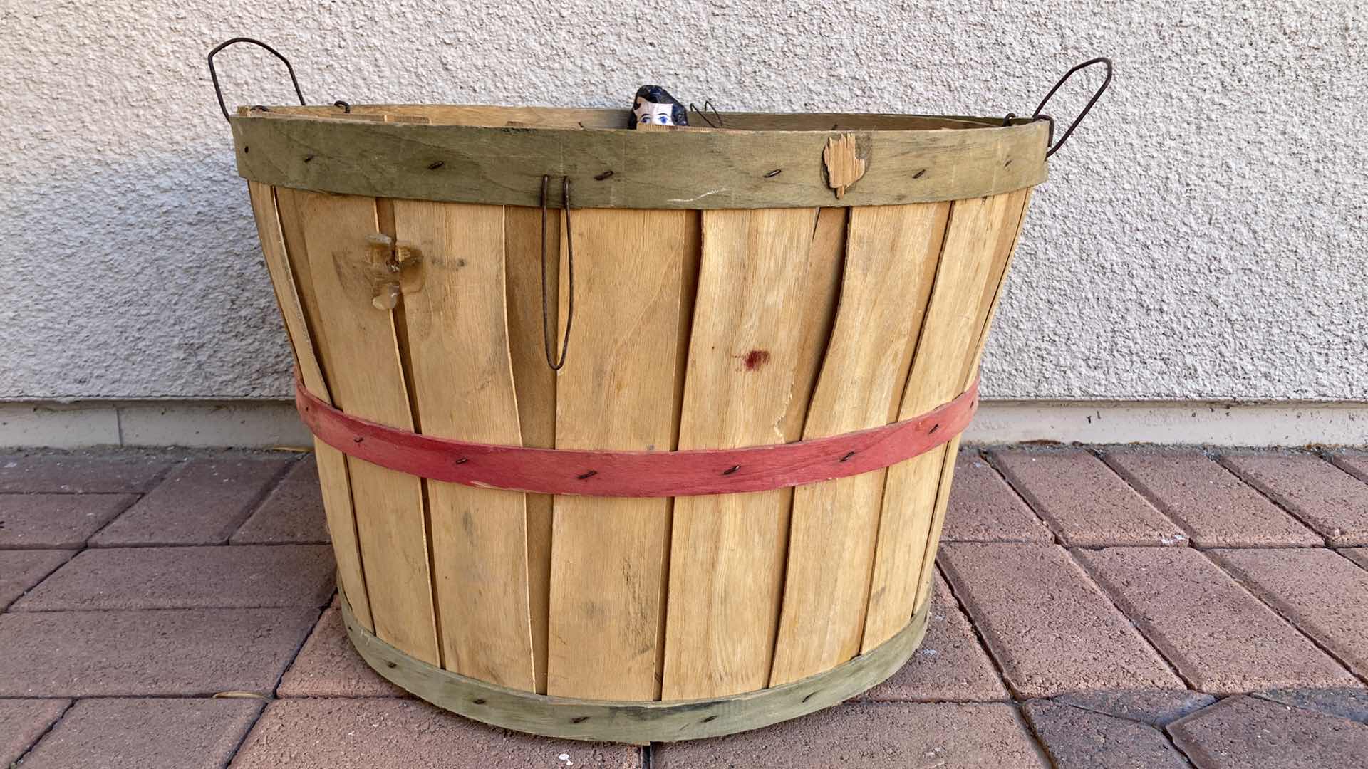 Photo 2 of WOOD BASKET 18” X 14” W PLASTIC CHILIES AND PAPIER-MACHE DOLL