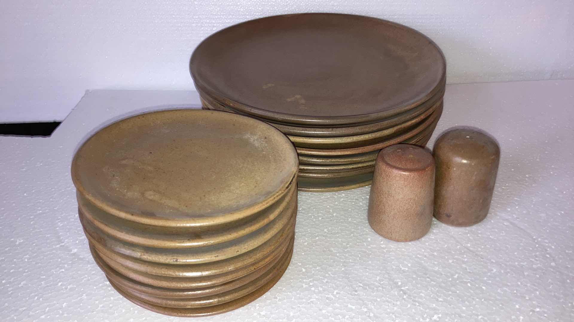 Photo 1 of MEXICAN CLAY PLATE SET AND SALT & PEPPER SHAKERS (18)