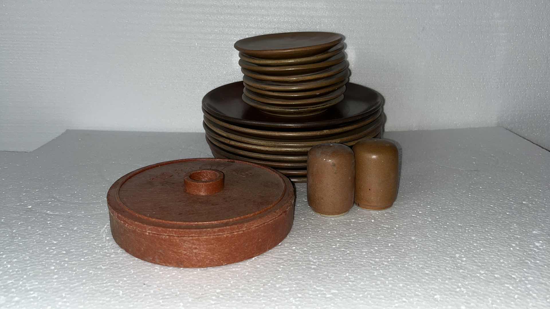 Photo 1 of MEXICAN CLAY PLATE SET W SALT & PEPPER SHAKES AND TORTILLA WARMER (19)