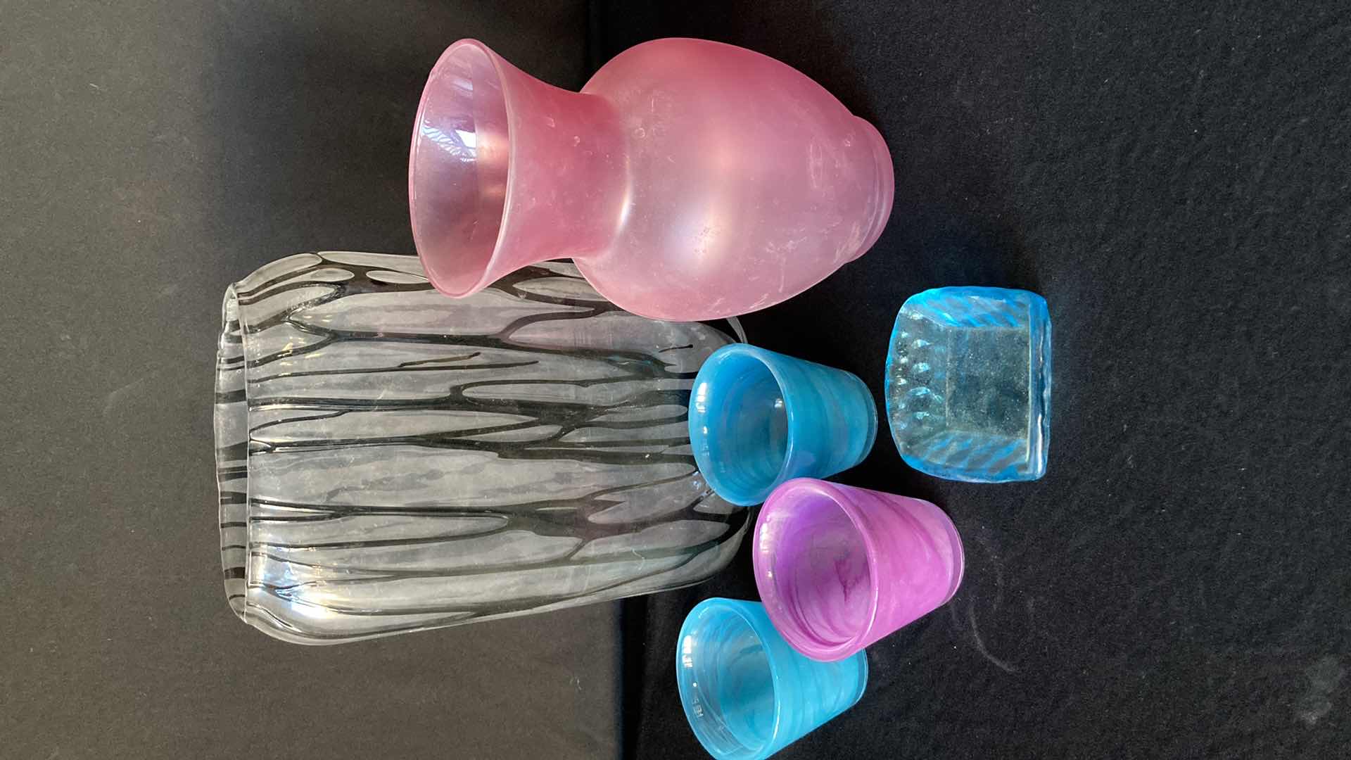 Photo 1 of COLORED GLASS VASE AND CANDLE HOLDER SET (8)